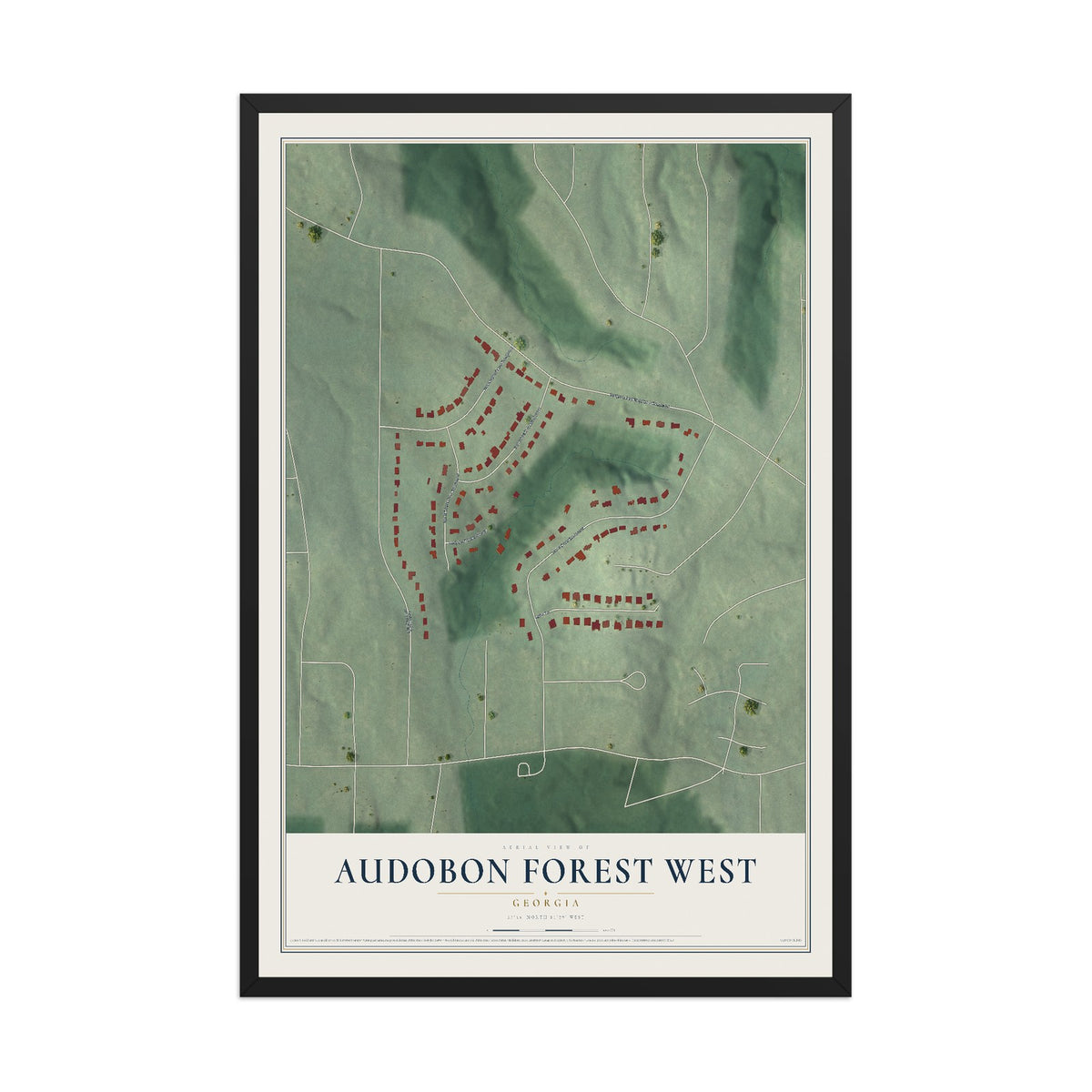 Audobon Forest West, Georgia map print, 12" x 18" W/ Black Ayous Wood Frame mockup