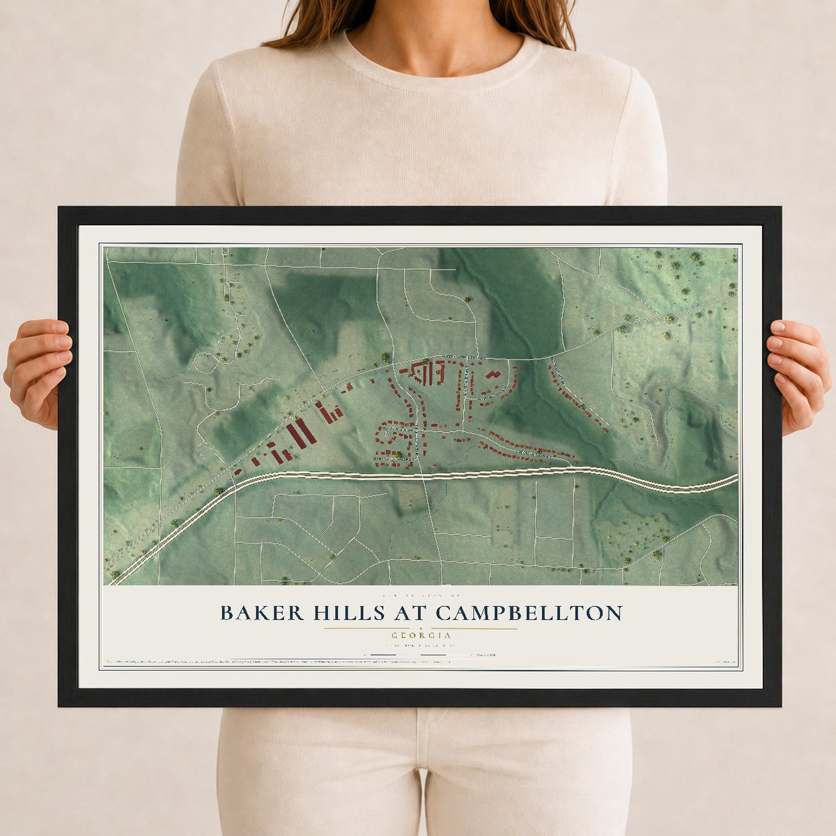Baker Hills at Campbellton, Georgia map print, 12" x 18" W/ Black Ayous Wood Frame mockup