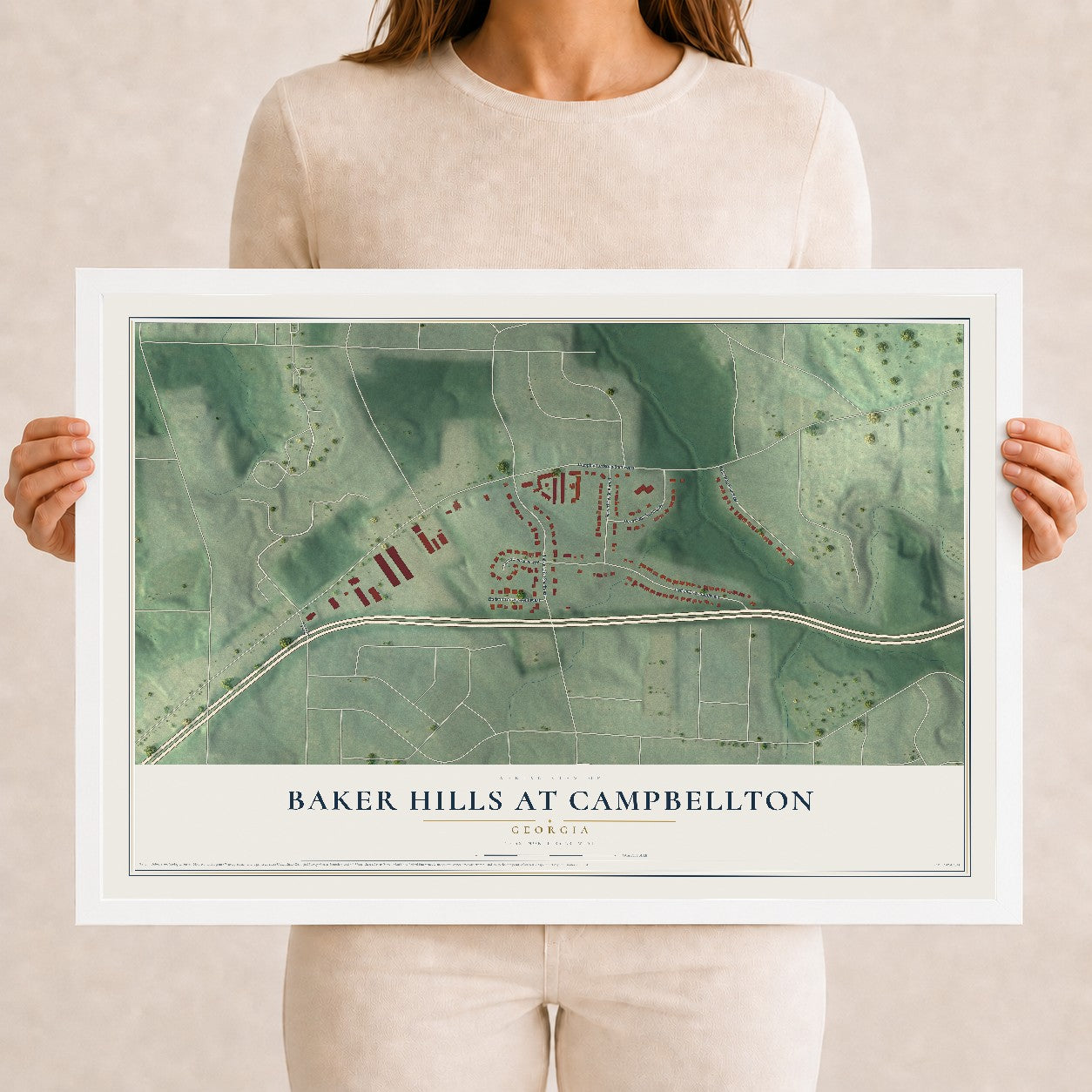 Baker Hills at Campbellton, Georgia map print, 12" x 18" W/ White Ayous Wood Frame mockup