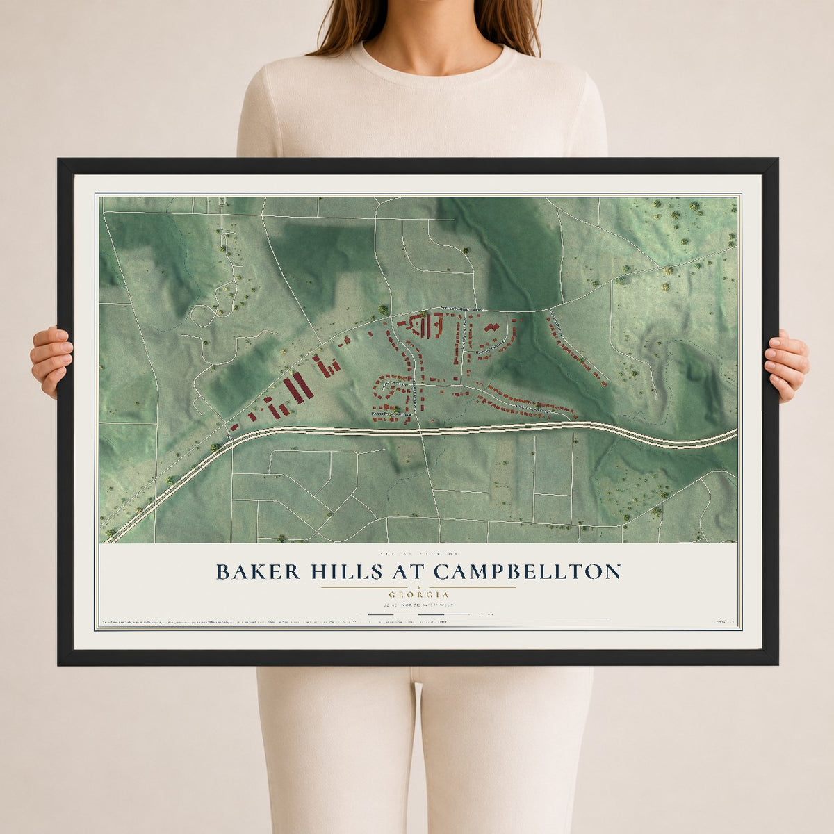 Baker Hills at Campbellton, Georgia map print, 24" x 36" W/ Black Ayous Wood Frame mockup