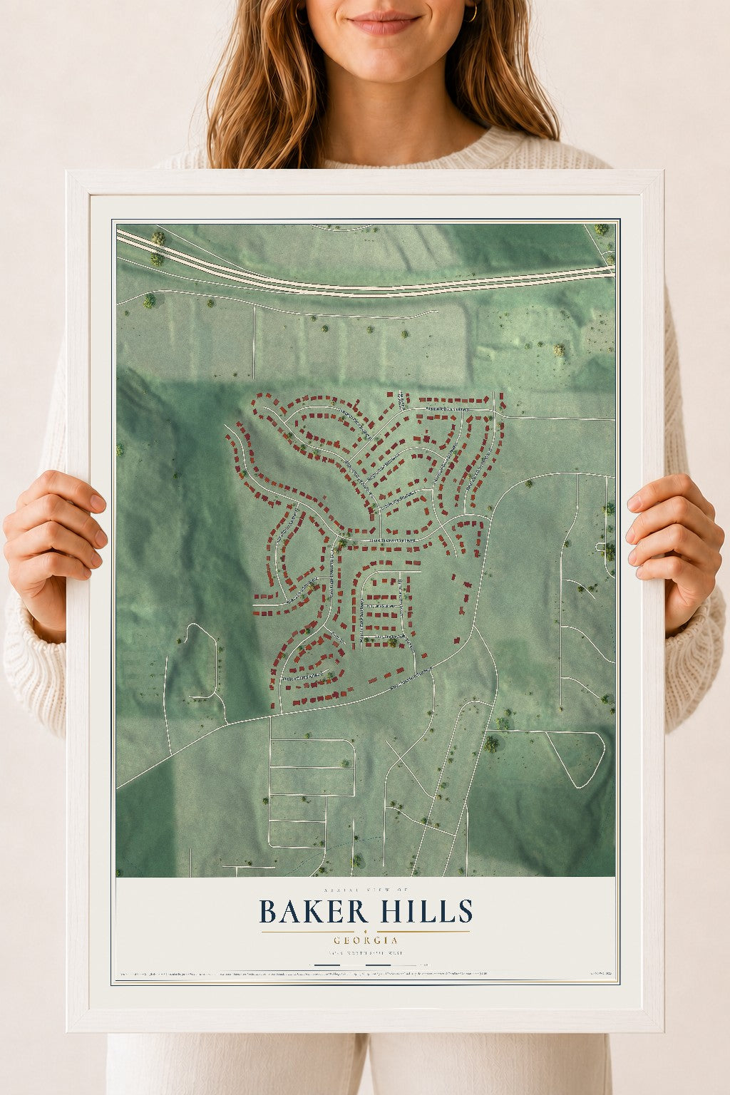 Baker Hills, Georgia map print, 18" x 24" W/ White Ayous Wood Frame mockup