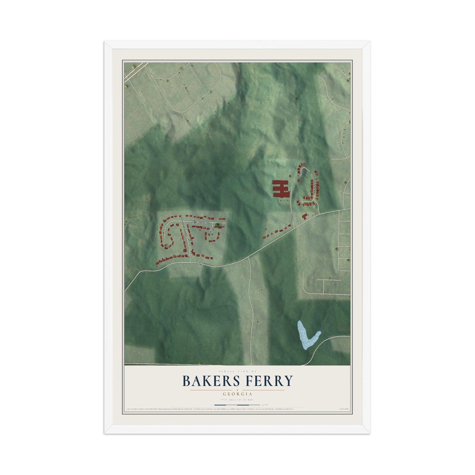 Bakers Ferry, Georgia map print, 12" x 18" W/ White Ayous Wood Frame mockup