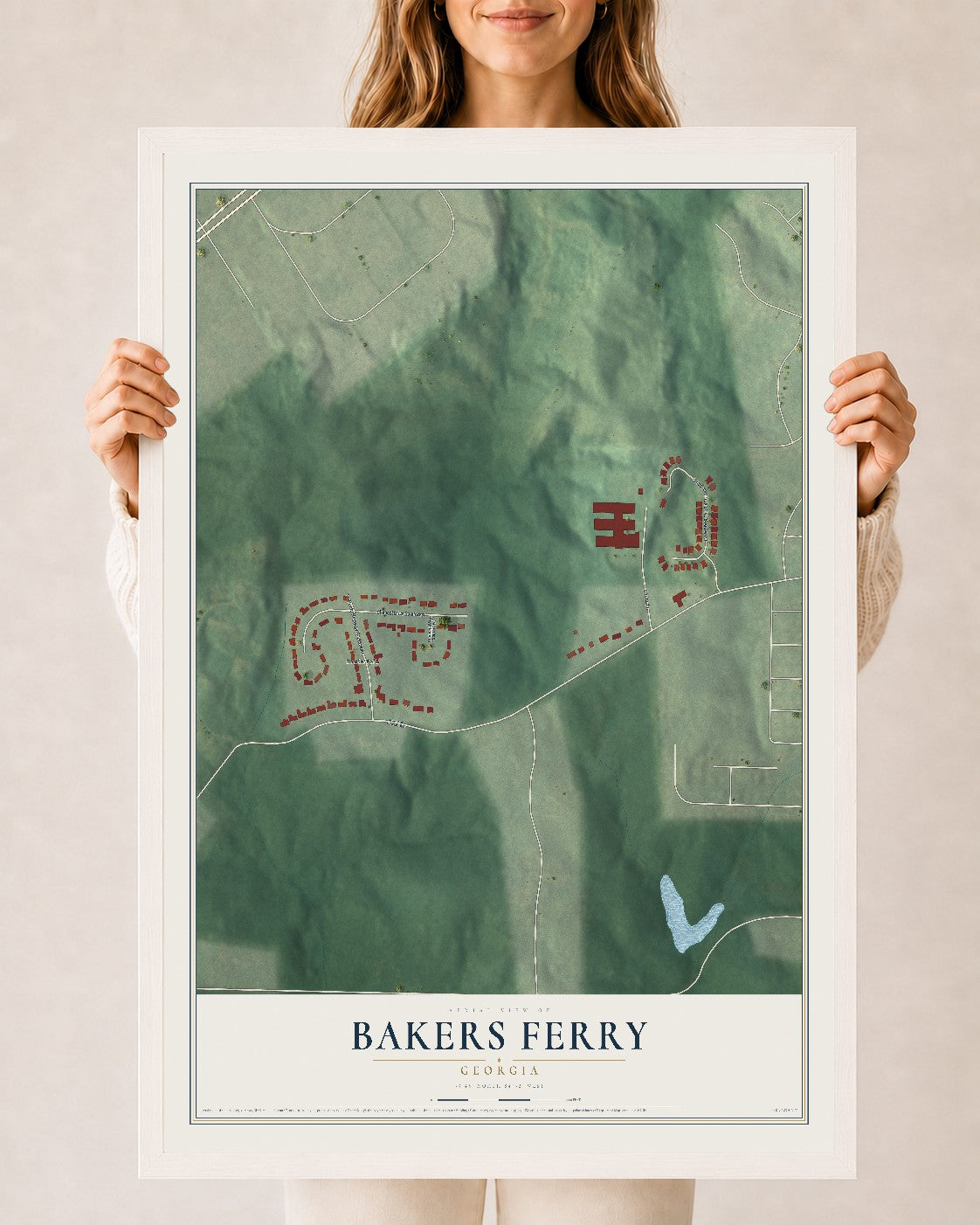 Bakers Ferry, Georgia map print, 24" x 36" W/ White Ayous Wood Frame mockup