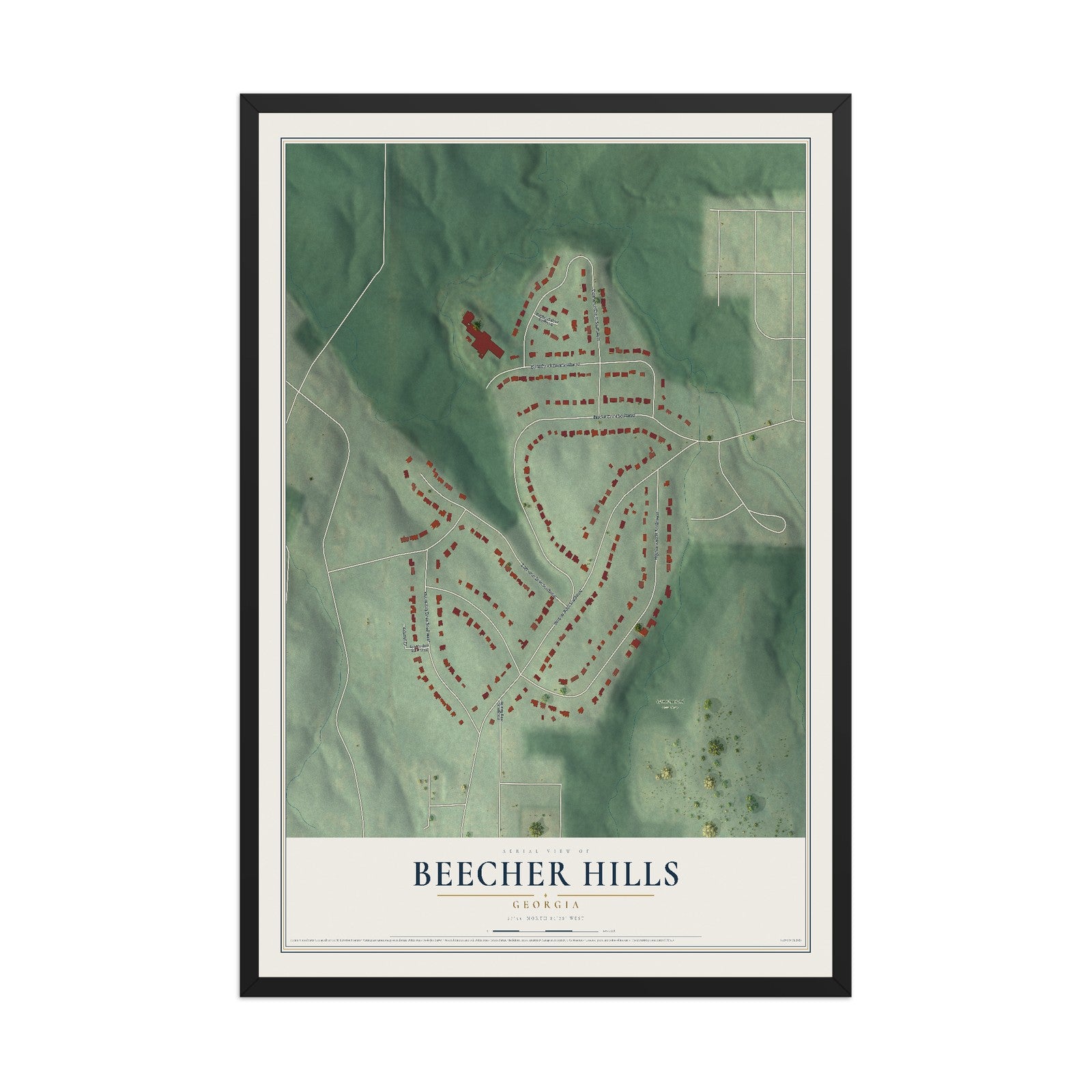 Beecher Hills, Georgia map print, 12" x 18" W/ Black Ayous Wood Frame mockup