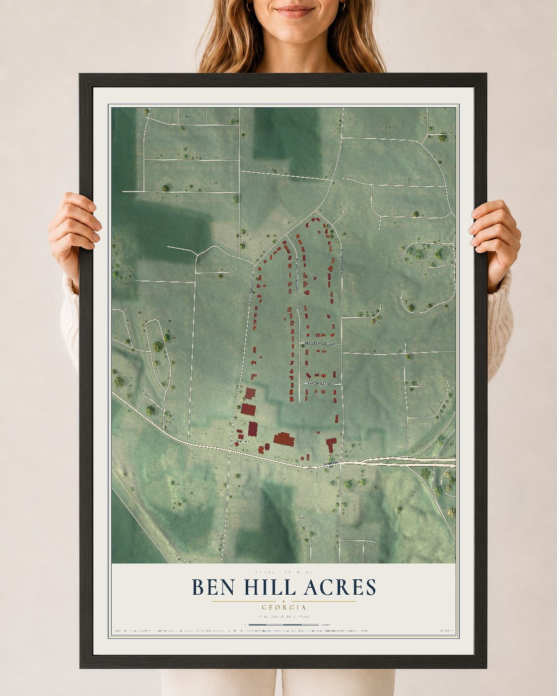 Ben Hill Acres, Georgia map print, 24" x 36" W/ Black Ayous Wood Frame mockup