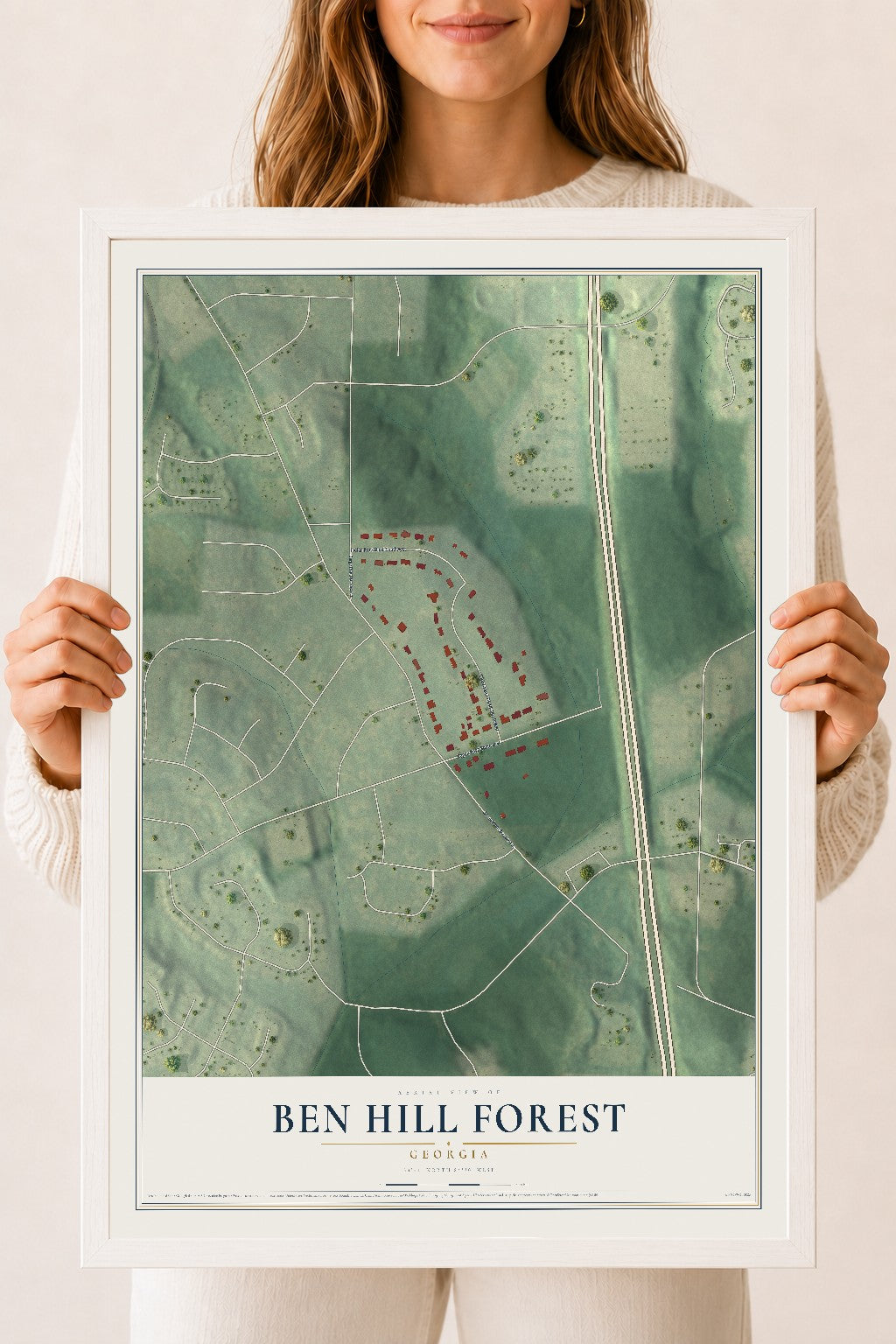 Ben Hill Forest, Georgia map print, 18" x 24" W/ White Ayous Wood Frame mockup