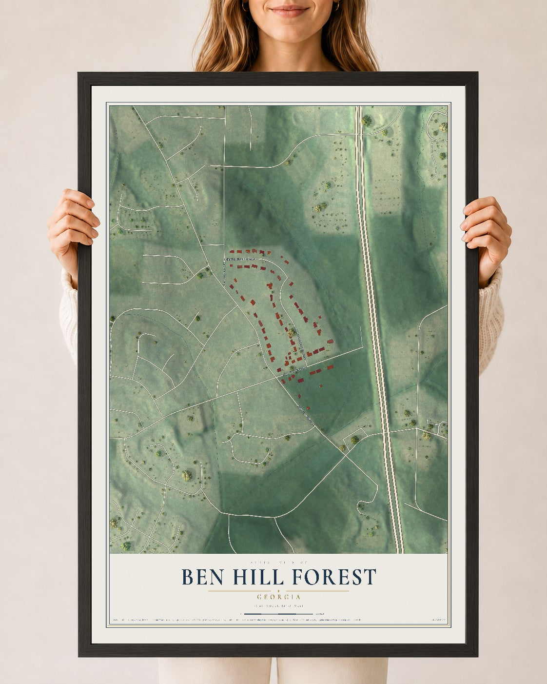Ben Hill Forest, Georgia map print, 24" x 36" W/ Black Ayous Wood Frame mockup