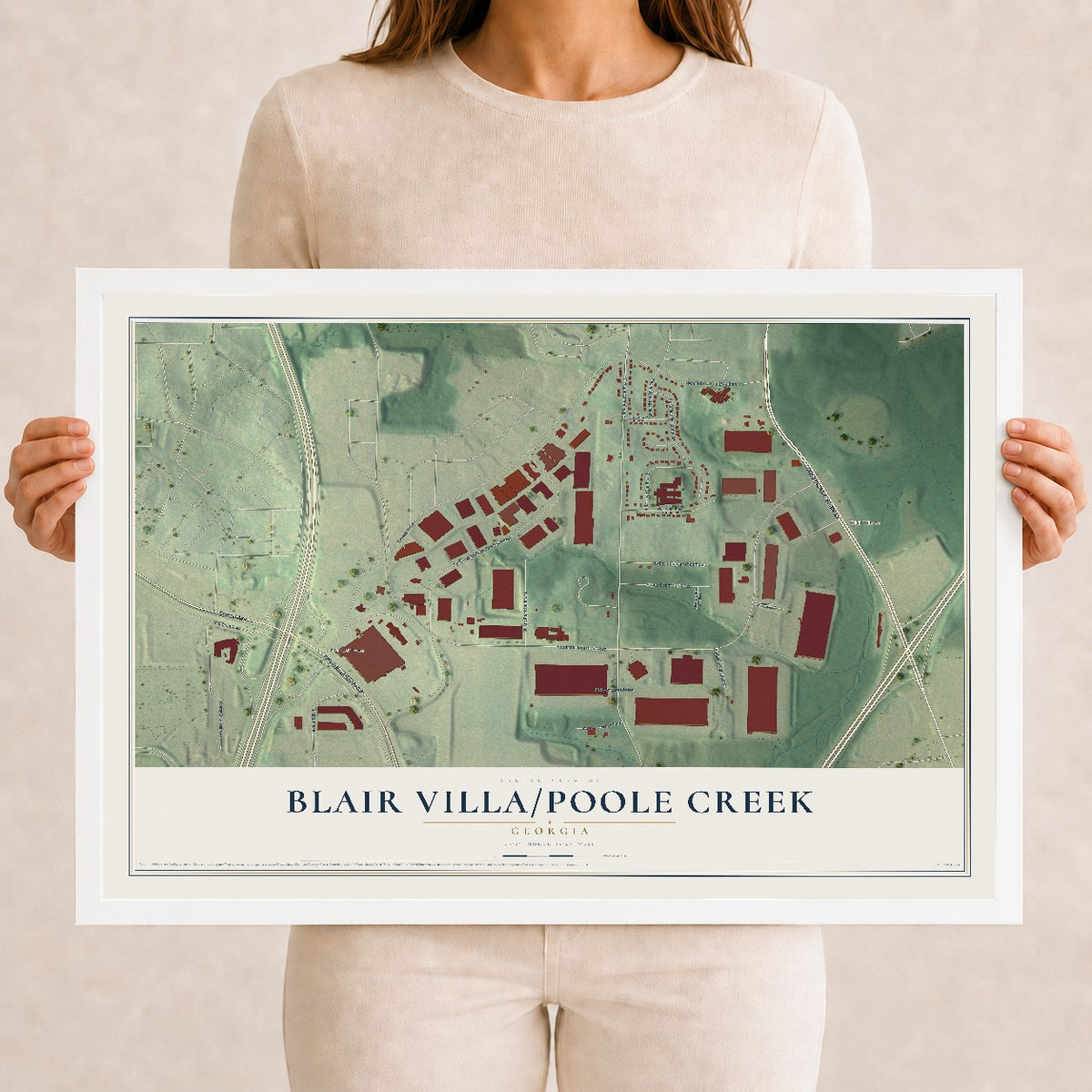 Blair Villa-Poole Creek, Georgia map print, 12" x 18" W/ White Ayous Wood Frame mockup