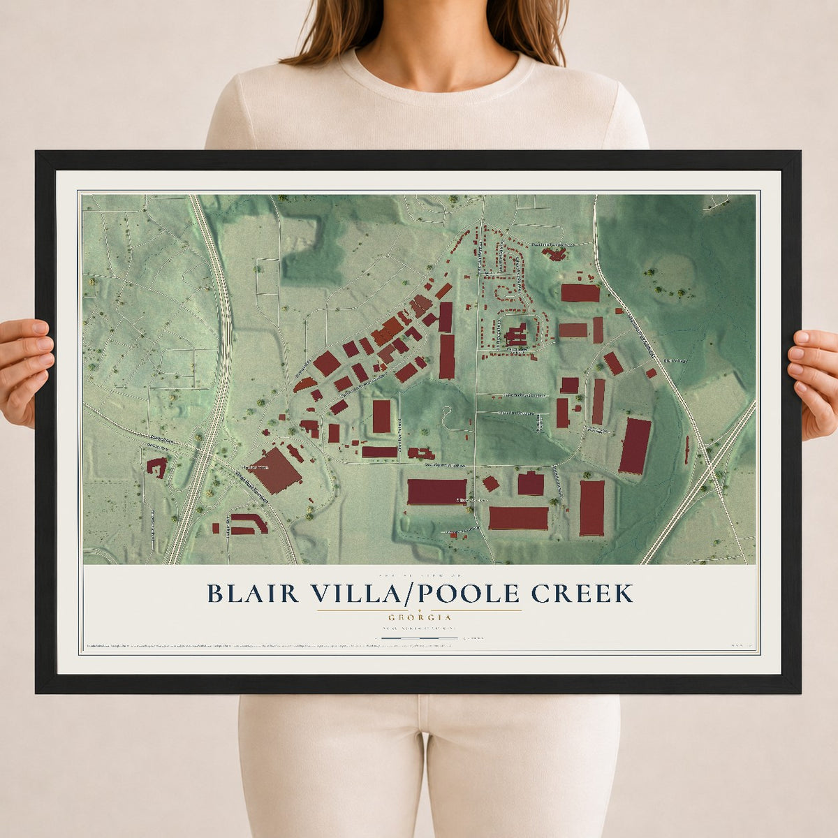 Blair Villa-Poole Creek, Georgia map print, 18" x 24" W/ Black Ayous Wood Frame mockup