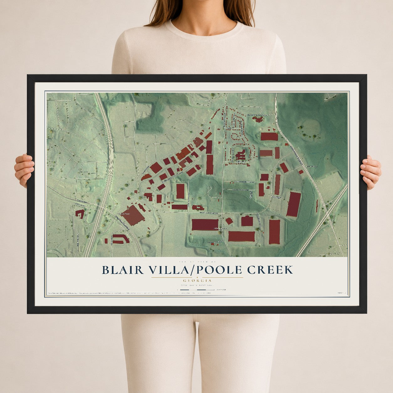 Blair Villa-Poole Creek, Georgia map print, 24" x 36" W/ Black Ayous Wood Frame mockup