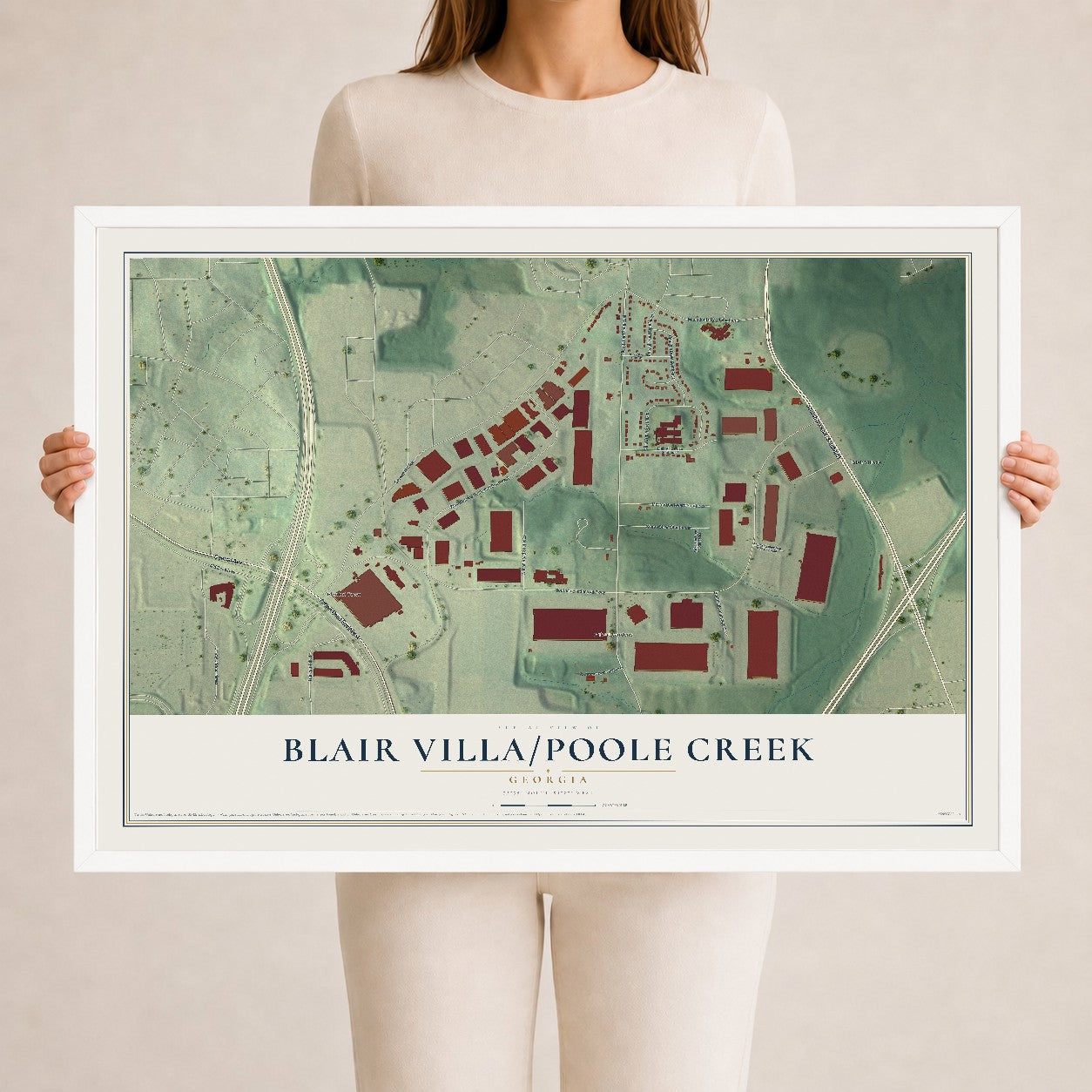 Blair Villa-Poole Creek, Georgia map print, 24" x 36" W/ White Ayous Wood Frame mockup