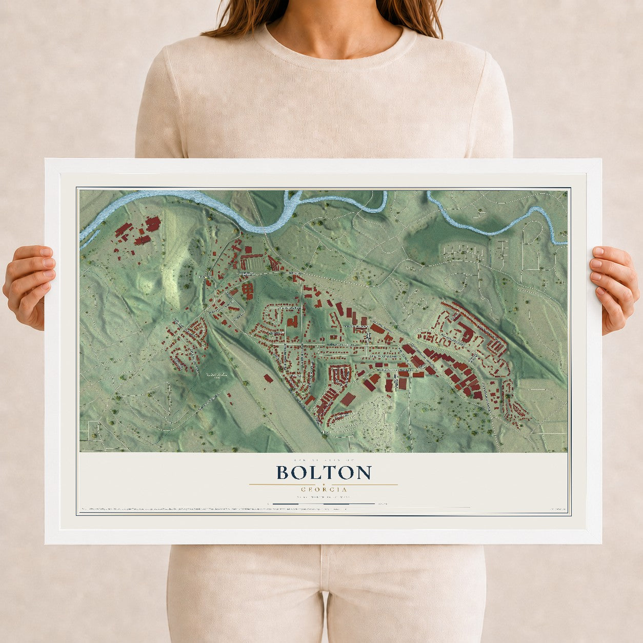 Bolton, Georgia map print, 12" x 18" W/ White Ayous Wood Frame mockup