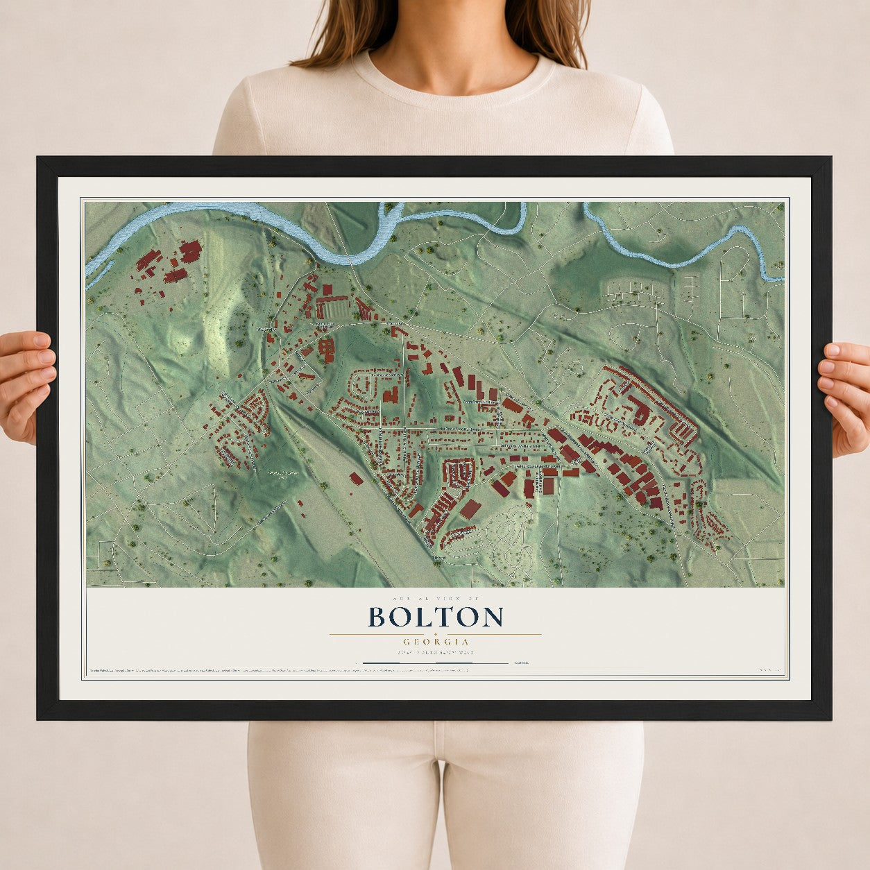 Bolton, Georgia map print, 18" x 24" W/ Black Ayous Wood Frame mockup