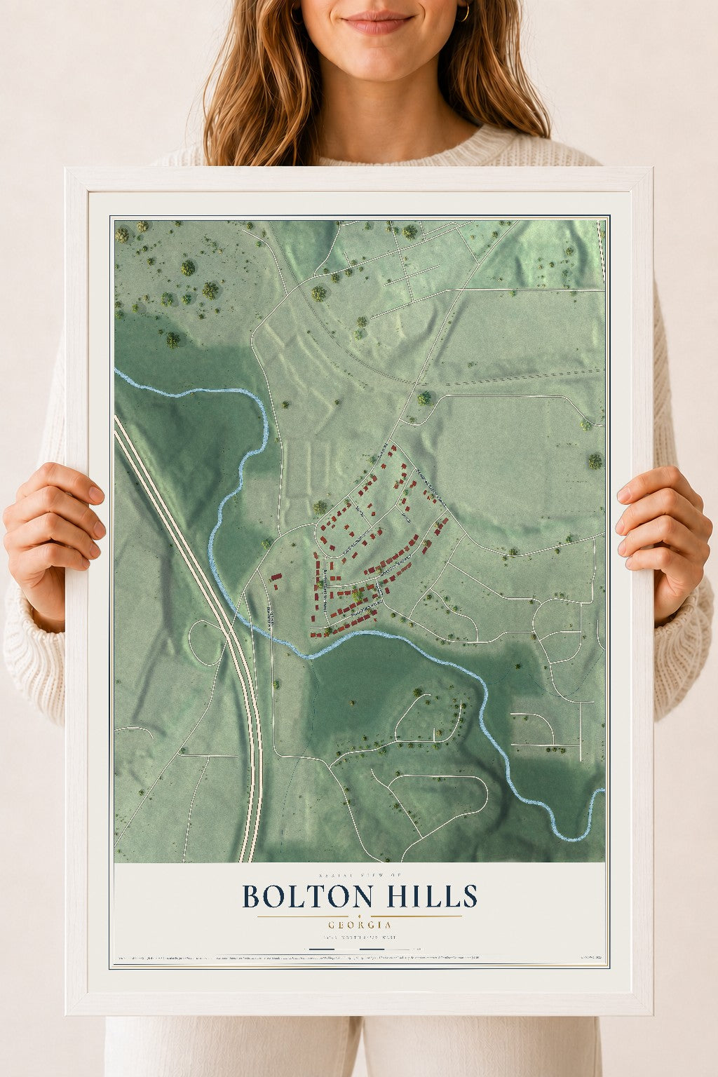 Bolton Hills, Georgia map print, 18" x 24" W/ White Ayous Wood Frame mockup