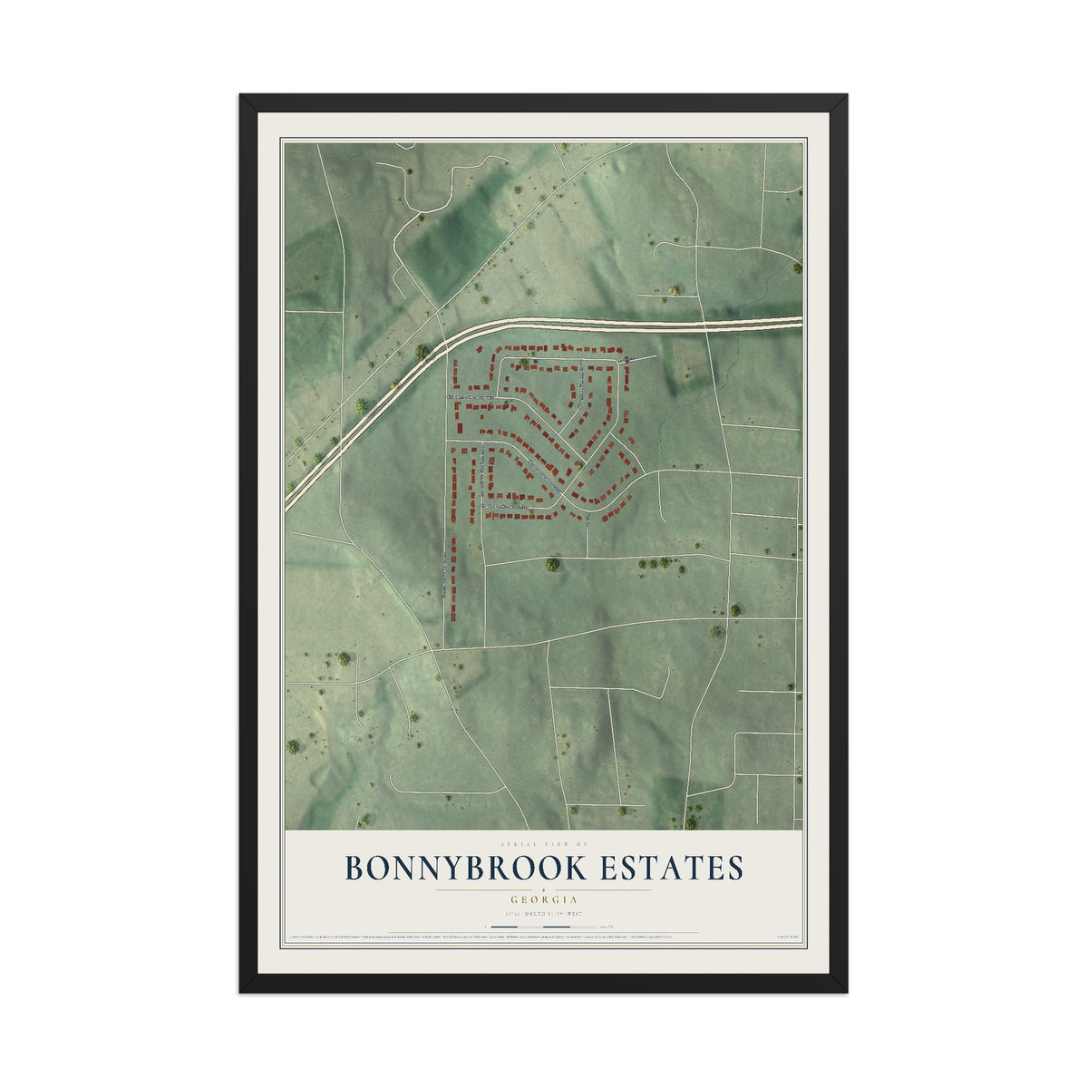 Bonnybrook Estates, Georgia map print, 12" x 18" W/ Black Ayous Wood Frame mockup