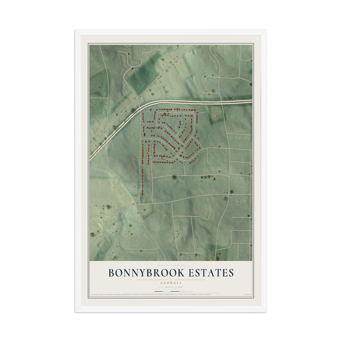 Bonnybrook Estates, Georgia map print, 12" x 18" W/ White Ayous Wood Frame mockup