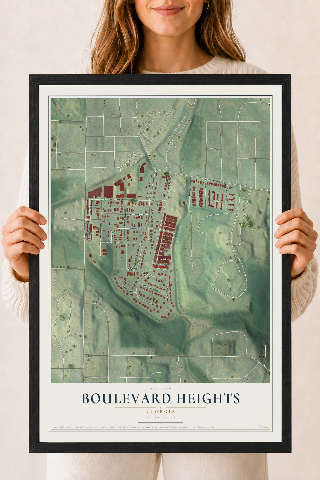 Boulevard Heights, Georgia map print, 18" x 24" W/ Black Ayous Wood Frame mockup