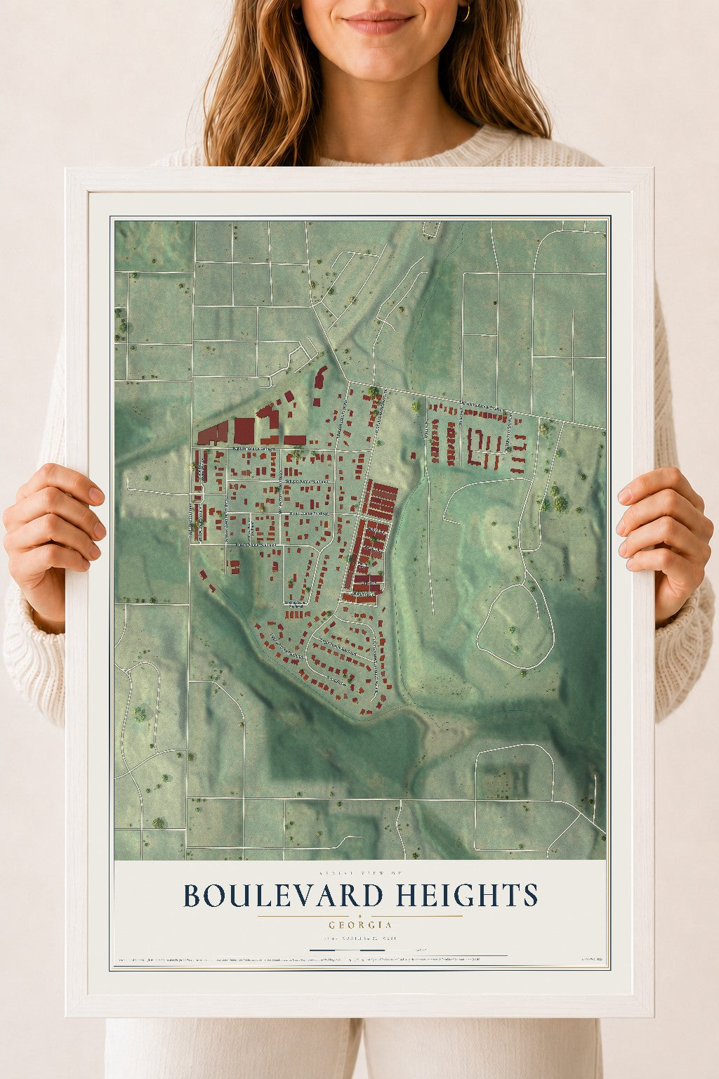 Boulevard Heights, Georgia map print, 18" x 24" W/ White Ayous Wood Frame mockup