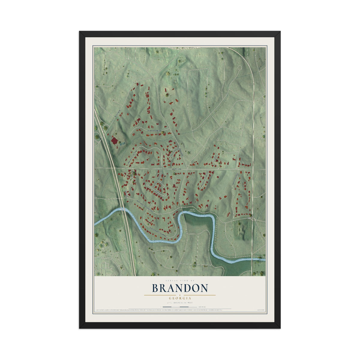 Brandon, Georgia map print, 12" x 18" W/ Black Ayous Wood Frame mockup