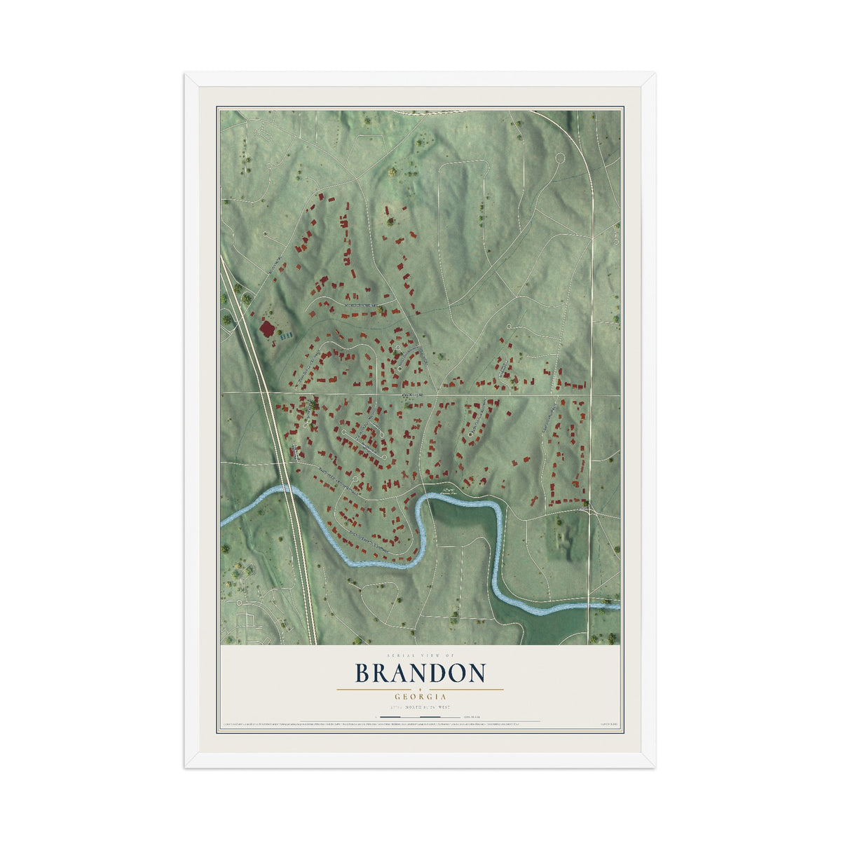 Brandon, Georgia map print, 12" x 18" W/ White Ayous Wood Frame mockup