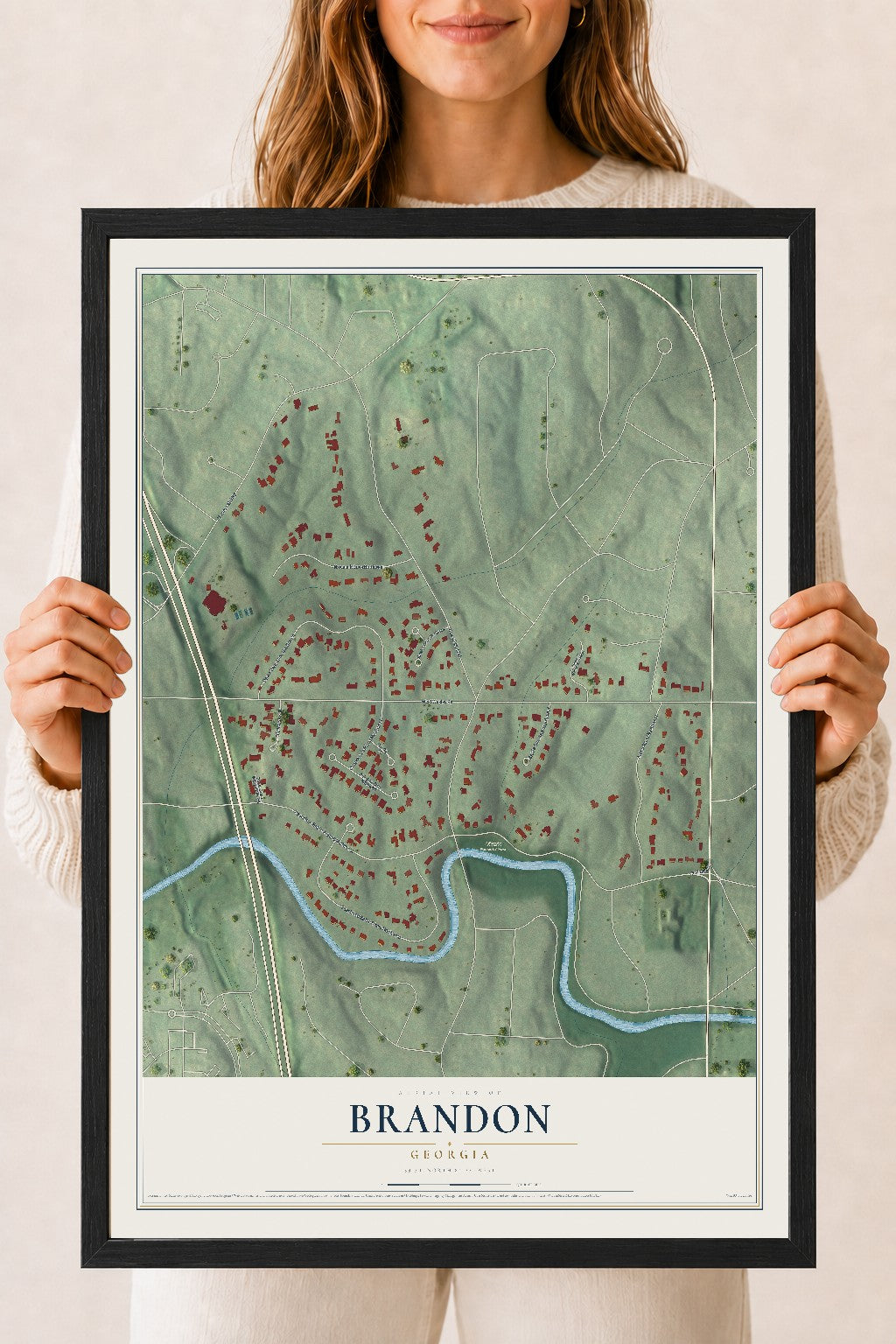 Brandon, Georgia map print, 18" x 24" W/ Black Ayous Wood Frame mockup