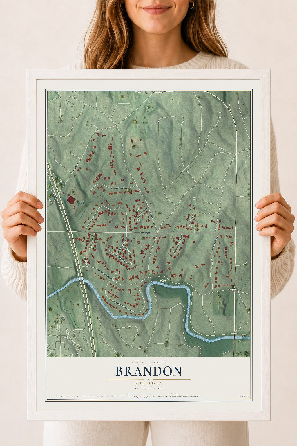 Brandon, Georgia map print, 18" x 24" W/ White Ayous Wood Frame mockup