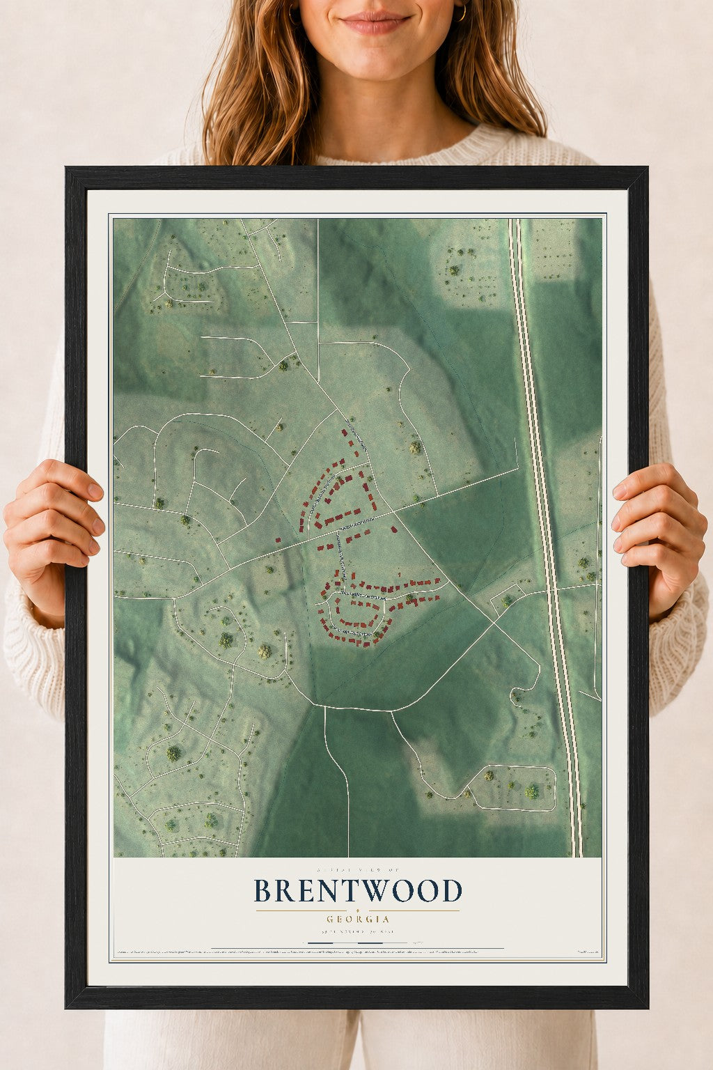 Brentwood, Georgia map print, 18" x 24" W/ Black Ayous Wood Frame mockup