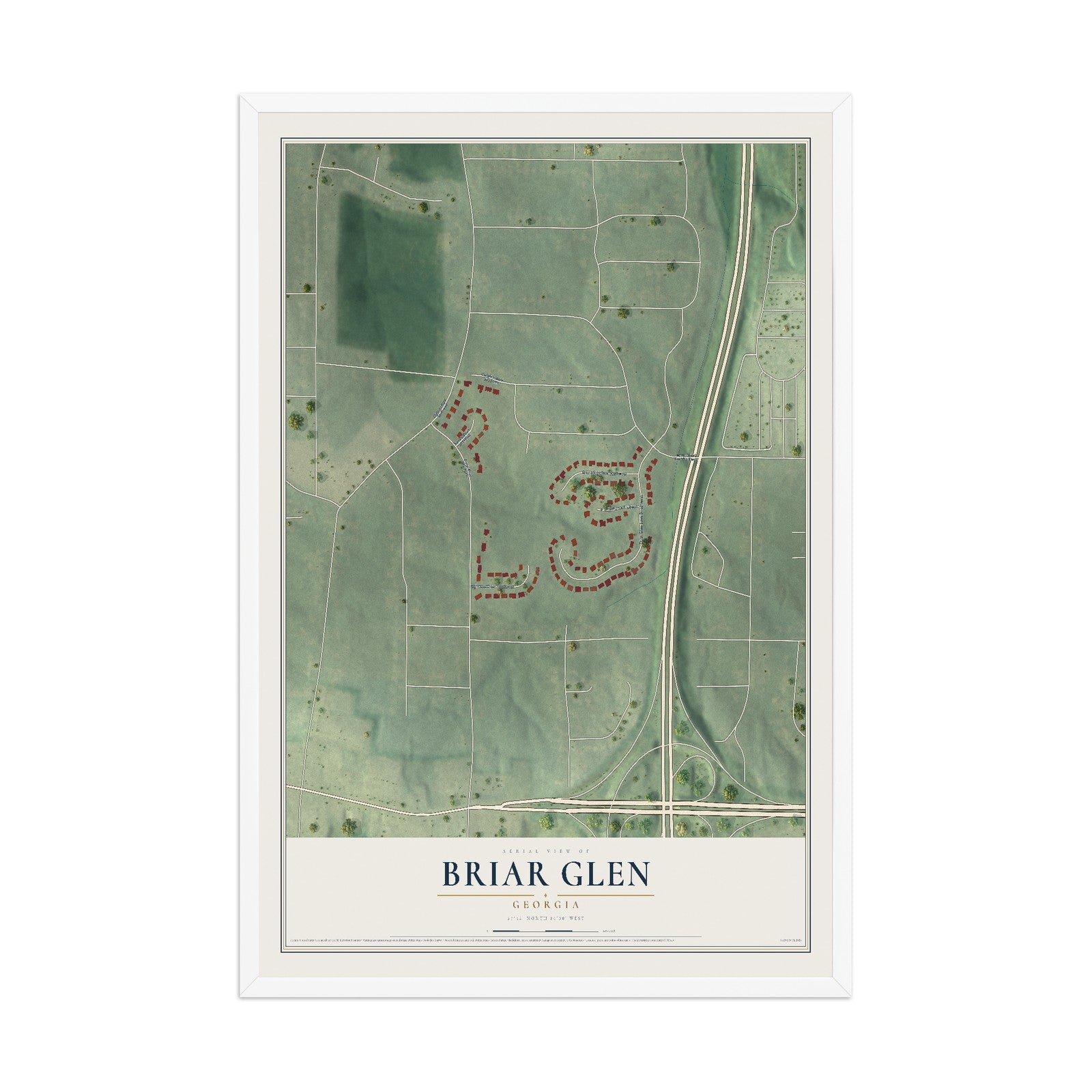 Briar Glen, Georgia map print, 12" x 18" W/ White Ayous Wood Frame mockup