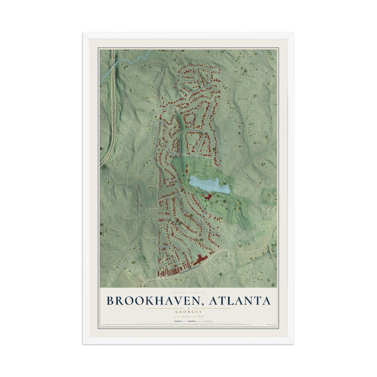 Brookhaven, Atlanta, Georgia map print, 12" x 18" W/ White Ayous Wood Frame mockup