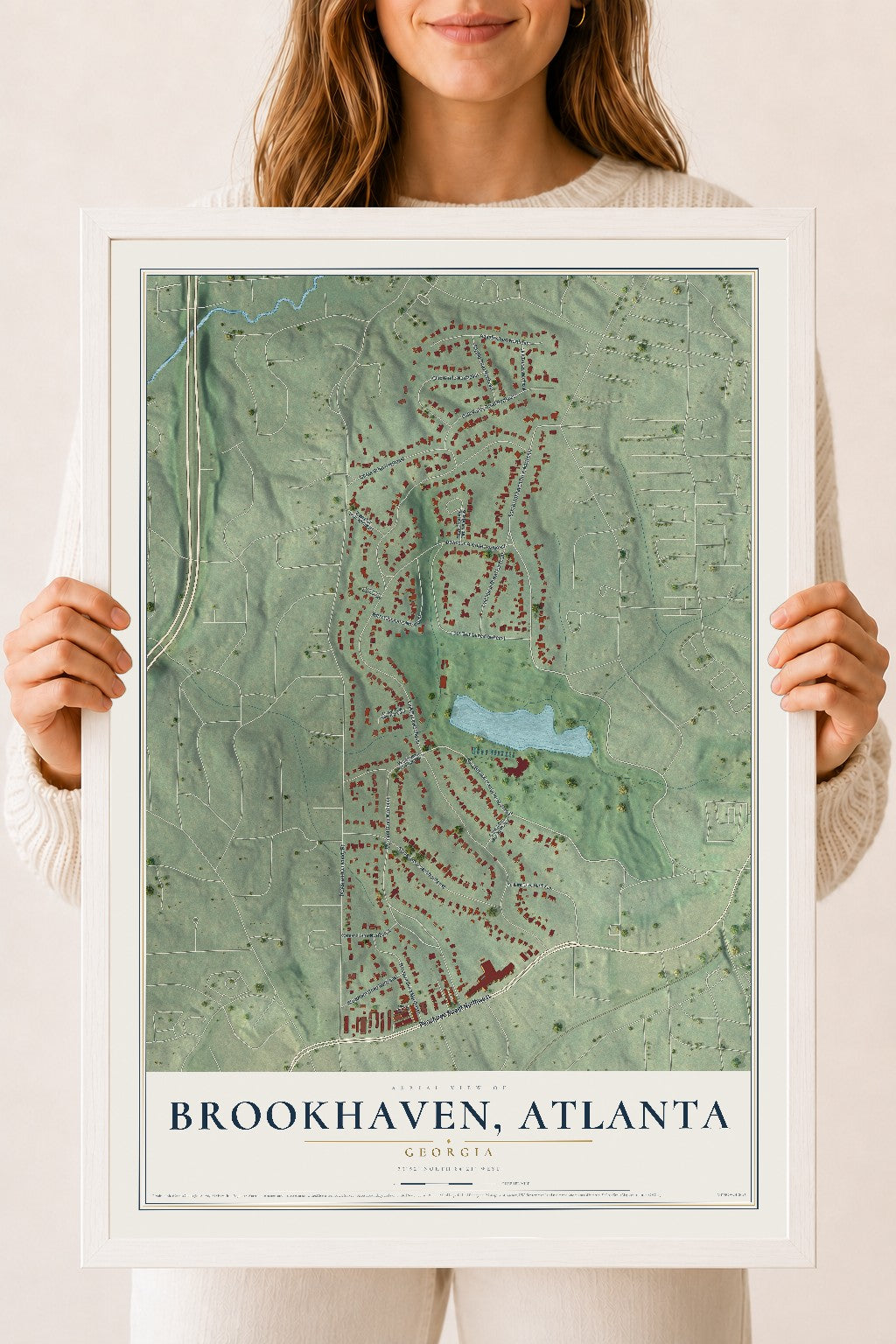 Brookhaven, Atlanta, Georgia map print, 18" x 24" W/ White Ayous Wood Frame mockup