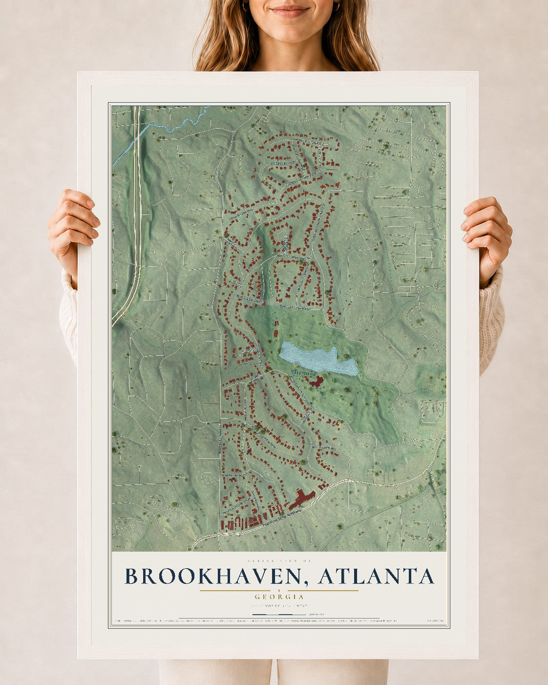 Brookhaven, Atlanta, Georgia map print, 24" x 36" W/ White Ayous Wood Frame mockup