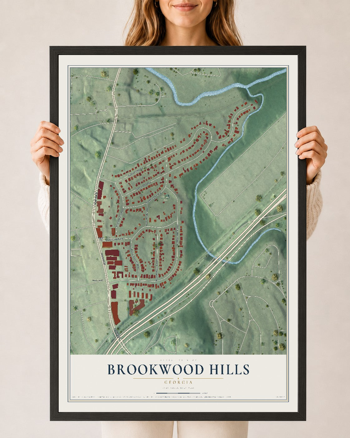 Brookwood Hills, Georgia map print, 24" x 36" W/ Black Ayous Wood Frame mockup