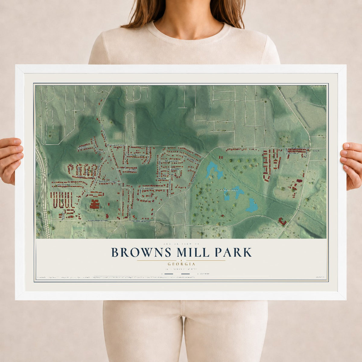Browns Mill Park, Georgia map print, 18" x 24" W/ White Ayous Wood Frame mockup