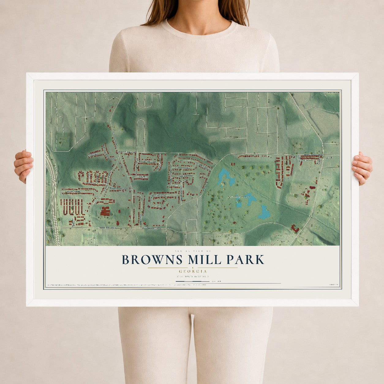 Browns Mill Park, Georgia map print, 24" x 36" W/ White Ayous Wood Frame mockup