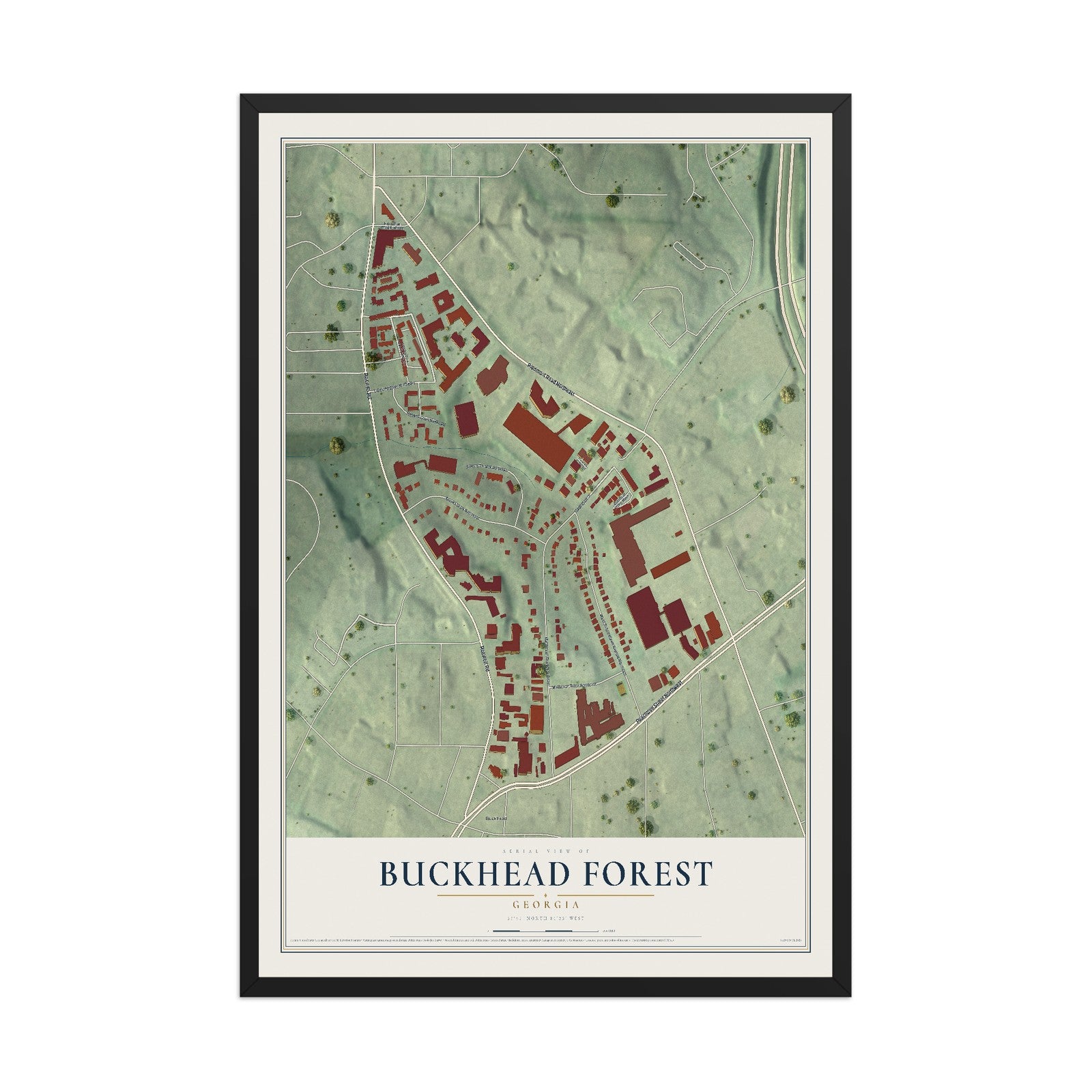 Buckhead Forest, Georgia map print, 12" x 18" W/ Black Ayous Wood Frame mockup
