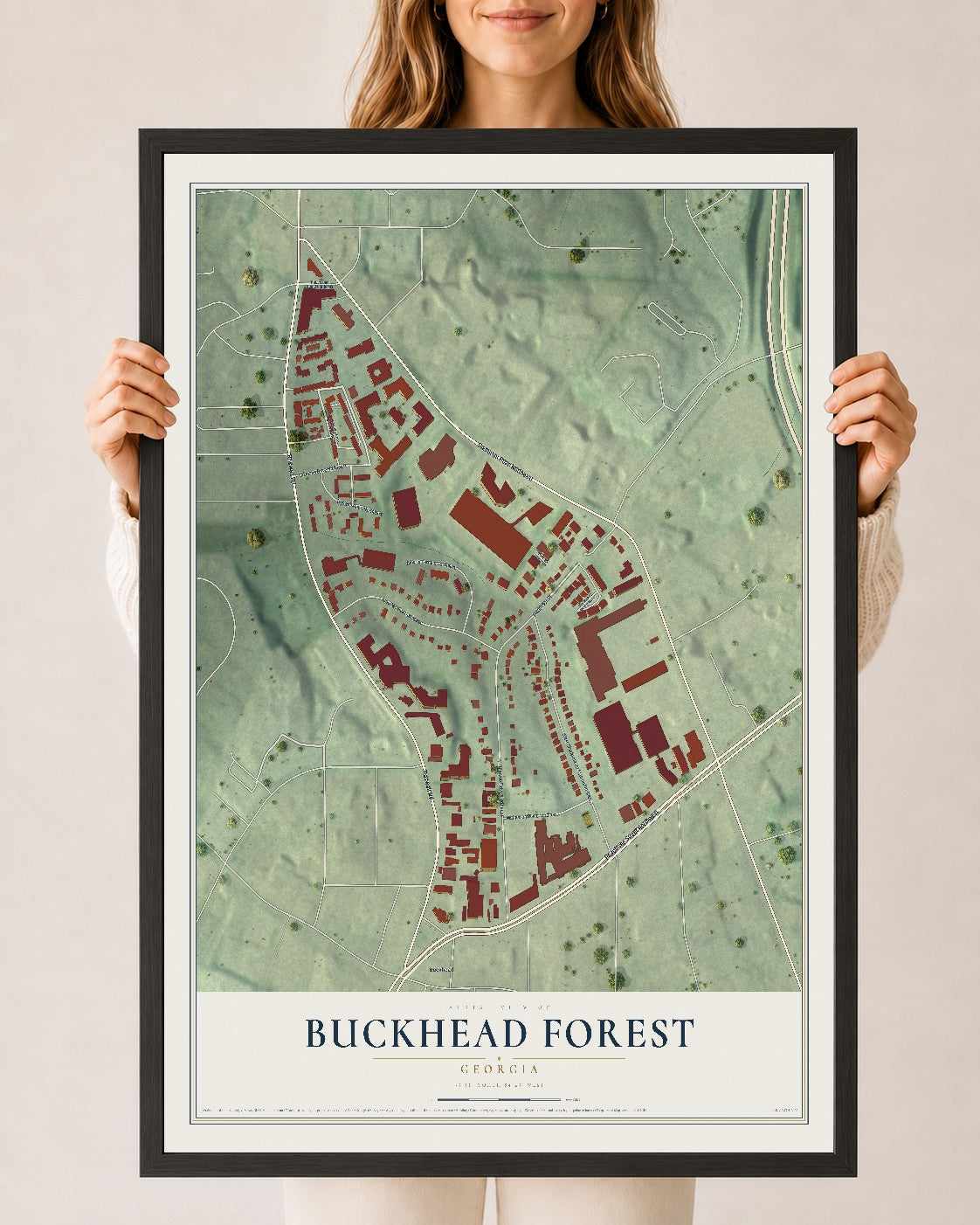 Buckhead Forest, Georgia map print, 24" x 36" W/ Black Ayous Wood Frame mockup