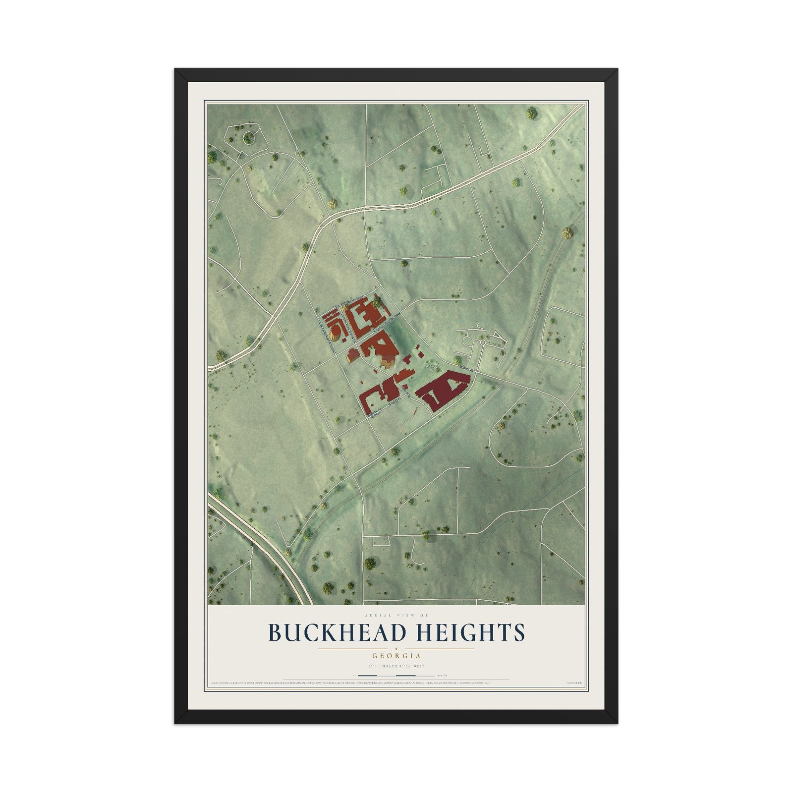 Buckhead Heights, Georgia map print, 12" x 18" W/ Black Ayous Wood Frame mockup