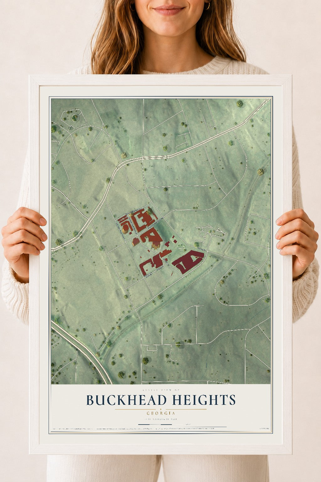 Buckhead Heights, Georgia map print, 18" x 24" W/ White Ayous Wood Frame mockup