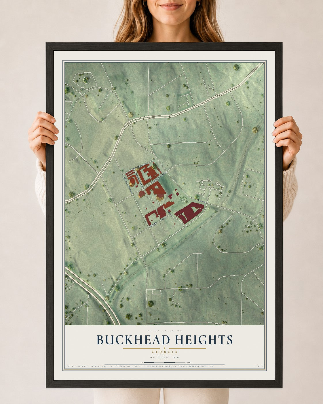Buckhead Heights, Georgia map print, 24" x 36" W/ Black Ayous Wood Frame mockup