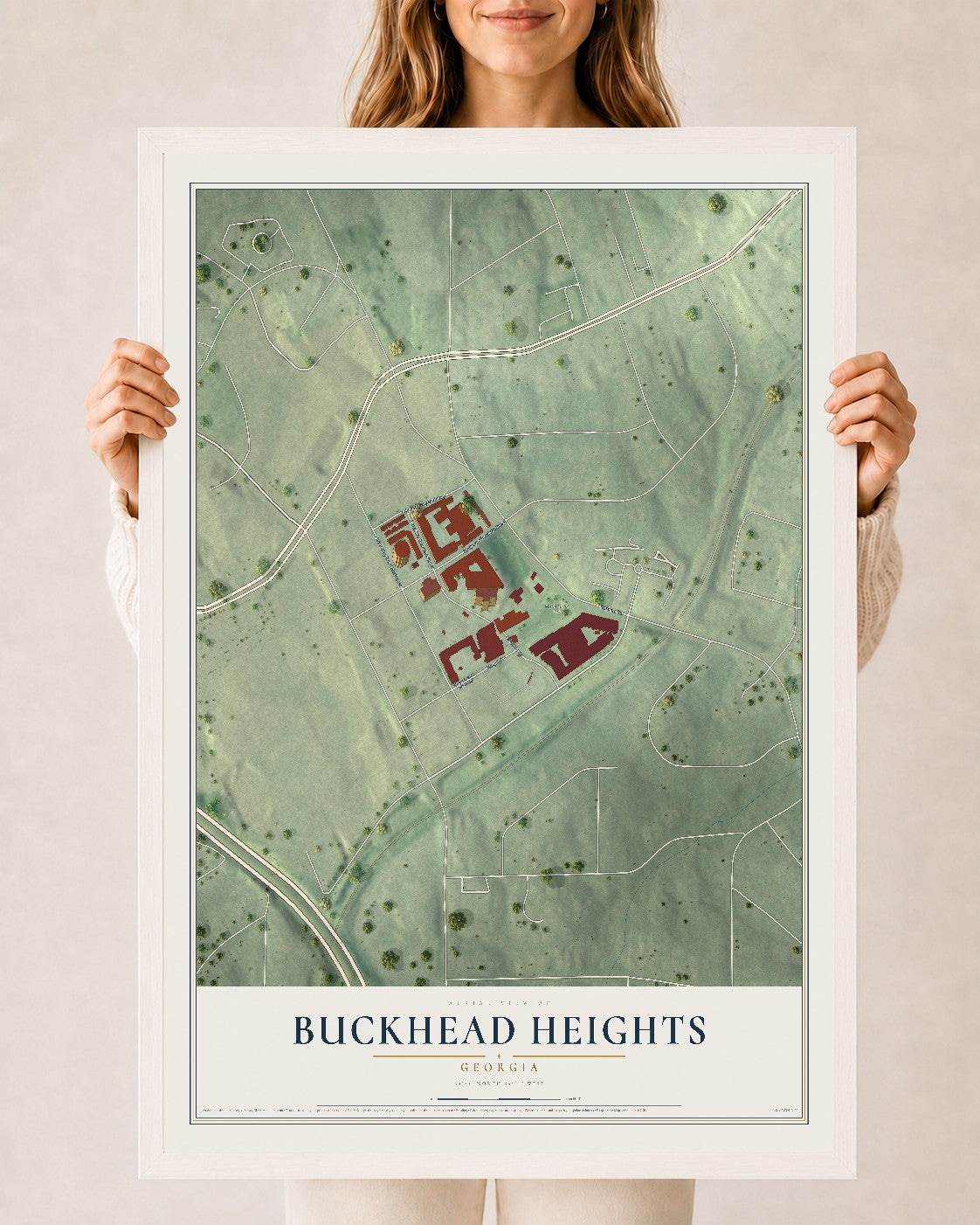 Buckhead Heights, Georgia map print, 24" x 36" W/ White Ayous Wood Frame mockup