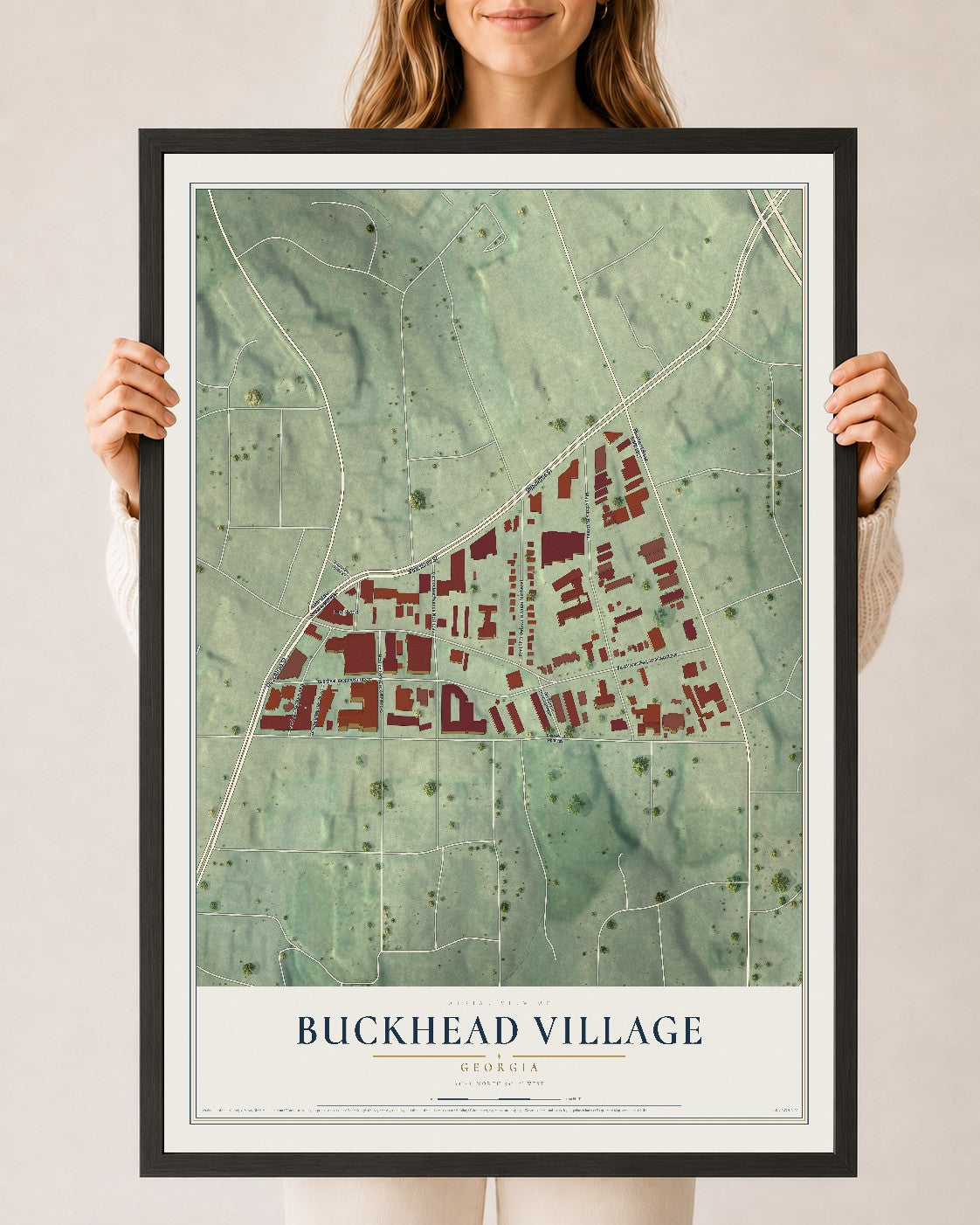 Buckhead Village, Georgia map print, 24" x 36" W/ Black Ayous Wood Frame mockup