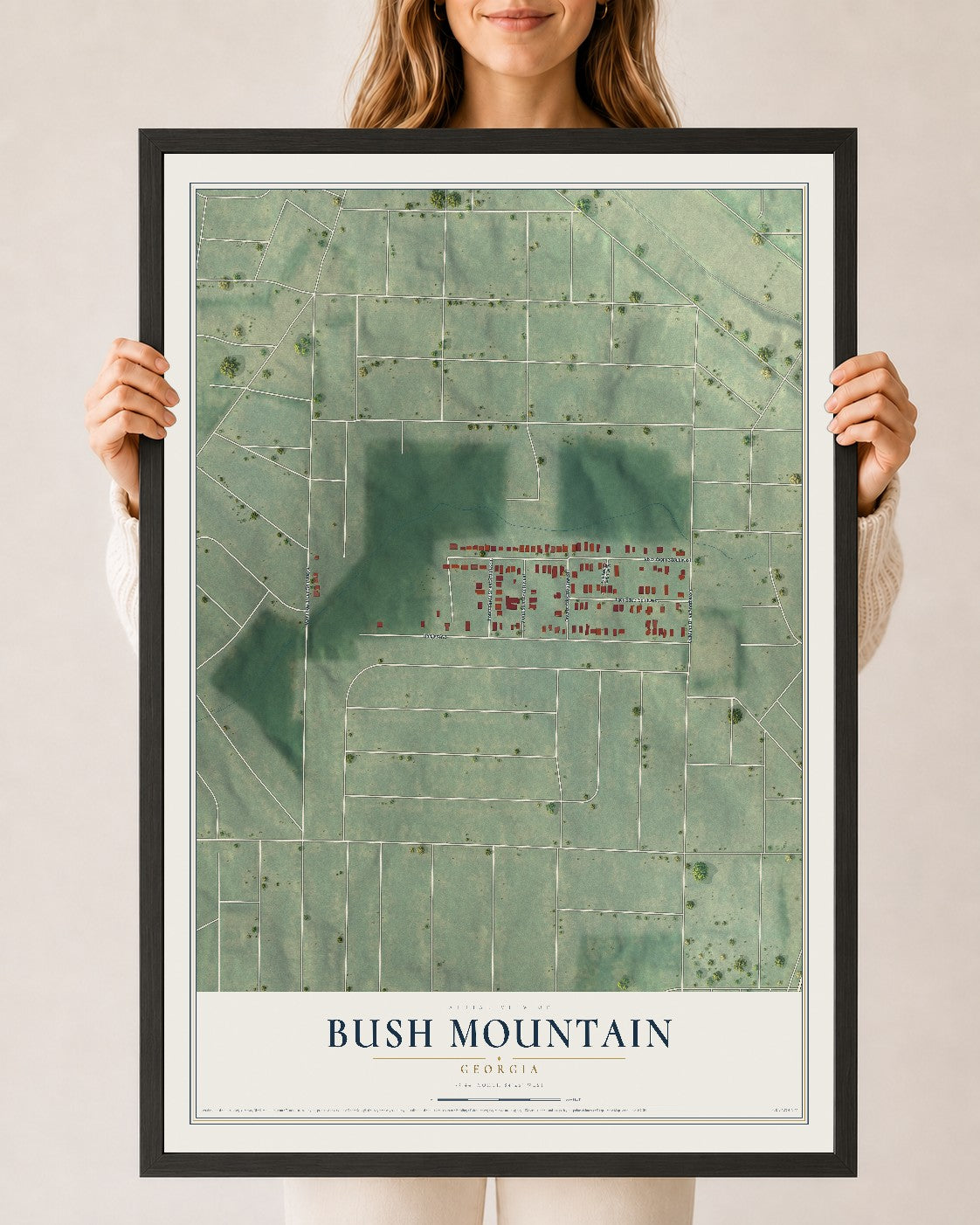 Bush Mountain, Georgia map print, 24" x 36" W/ Black Ayous Wood Frame mockup