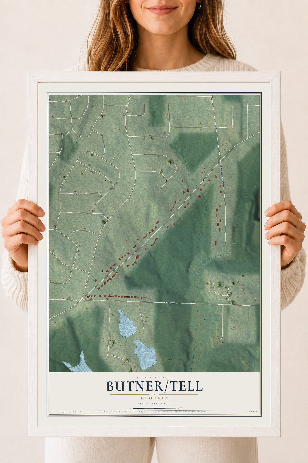 Butner-Tell, Georgia map print, 18" x 24" W/ White Ayous Wood Frame mockup