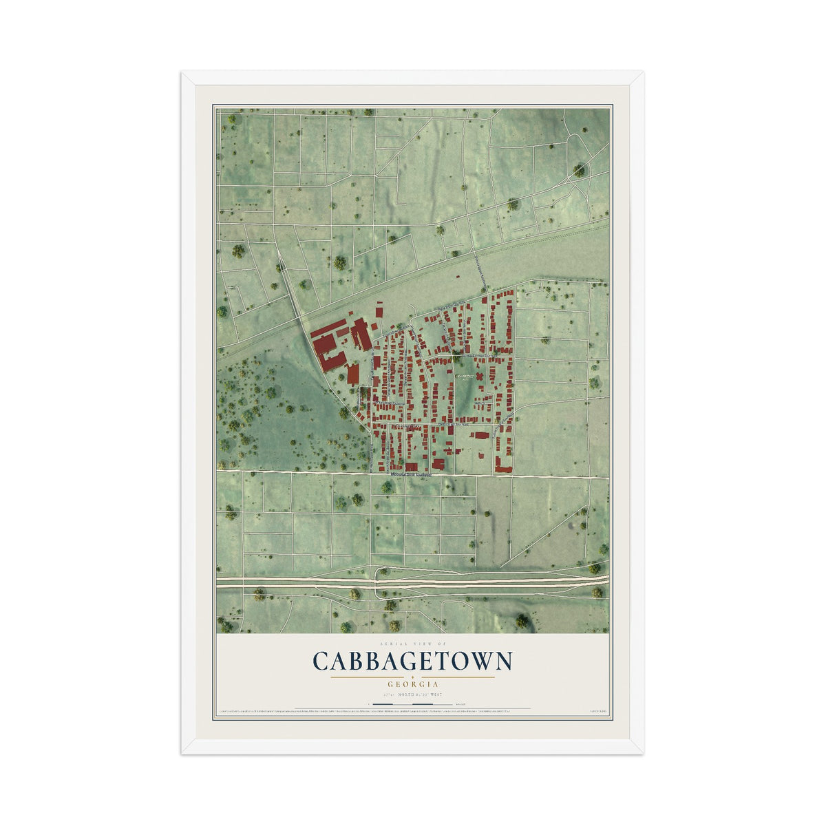 Cabbagetown, Georgia map print, 12" x 18" W/ White Ayous Wood Frame mockup