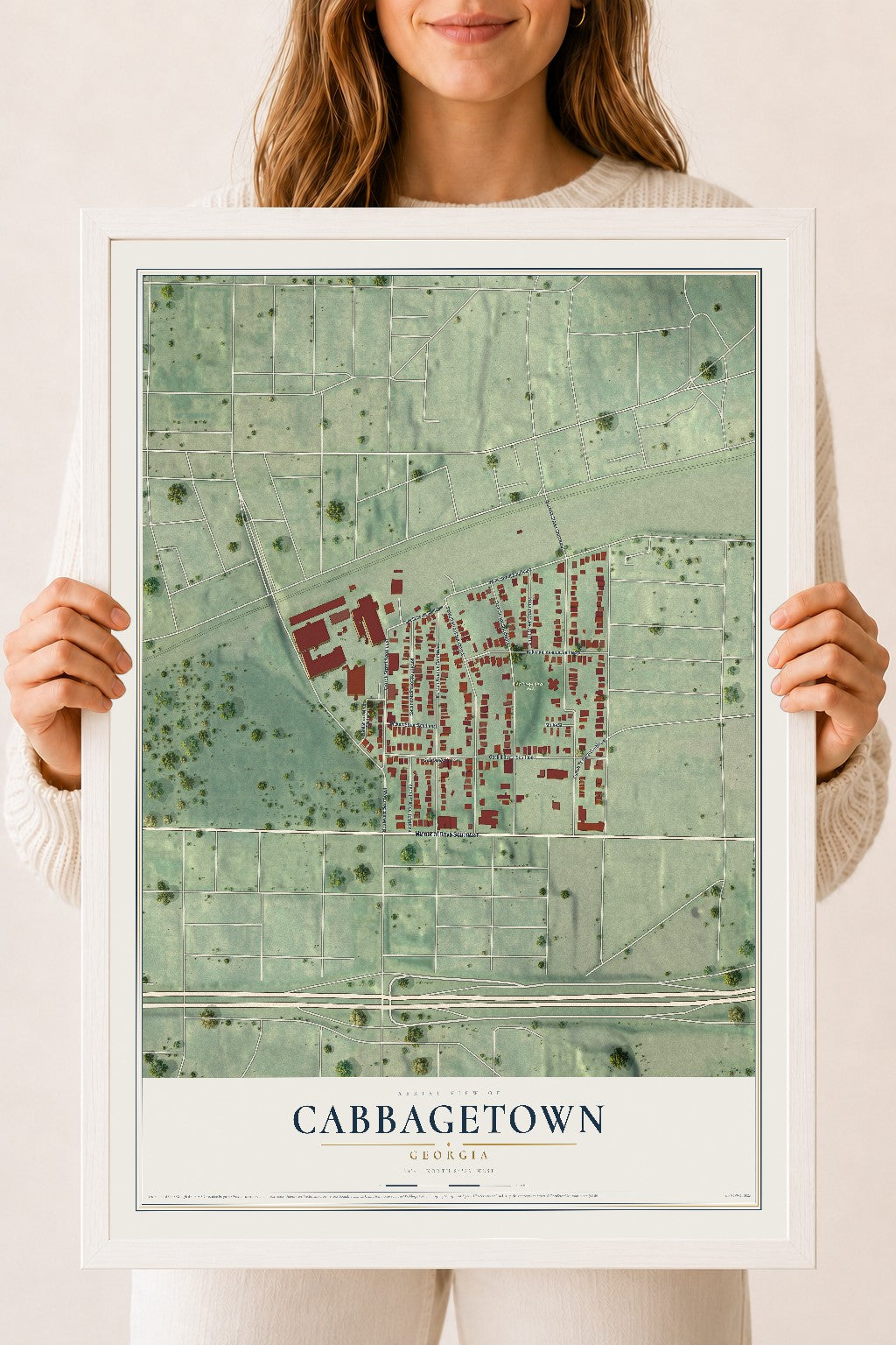 Cabbagetown, Georgia map print, 18" x 24" W/ White Ayous Wood Frame mockup