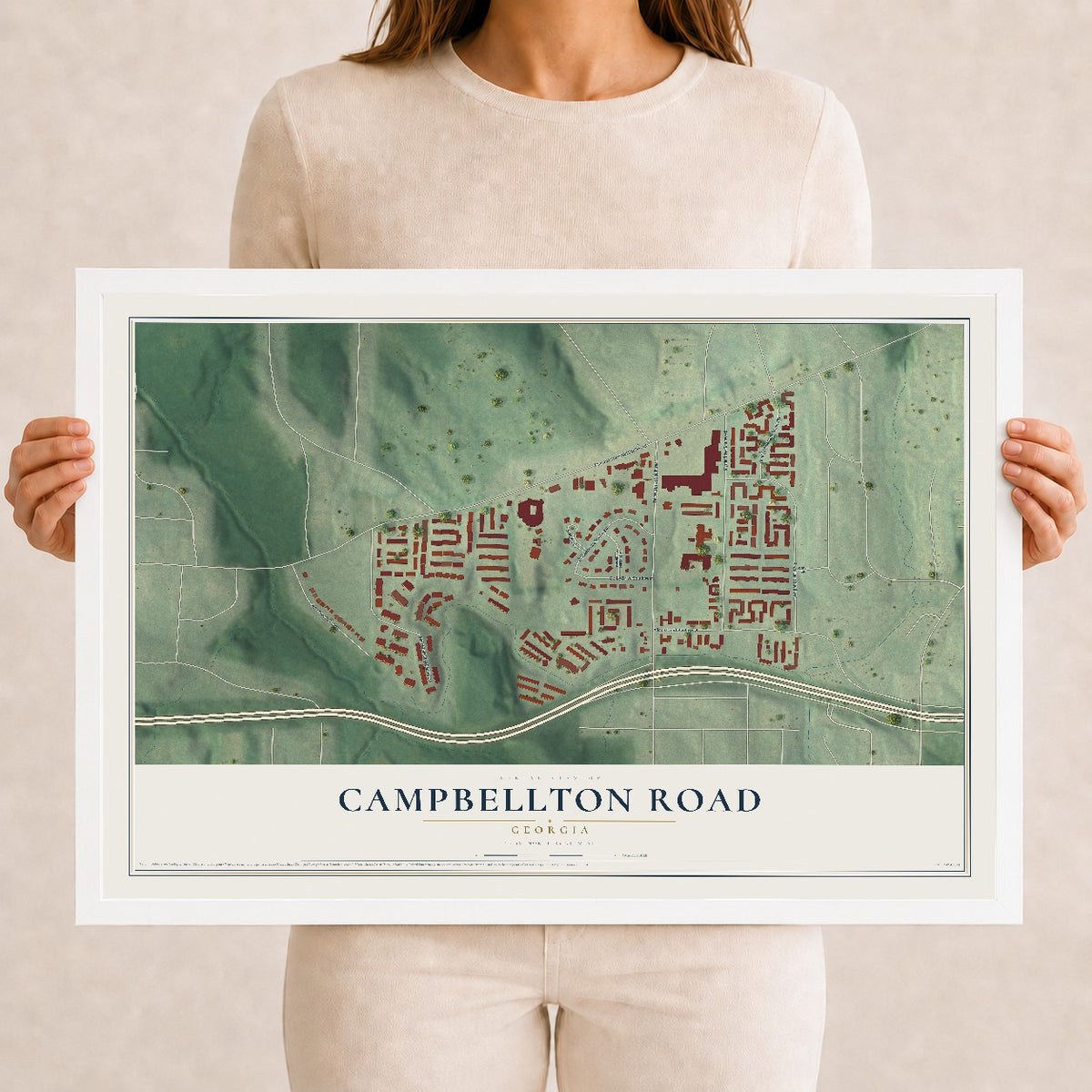 Campbellton Road, Georgia map print, 12" x 18" W/ White Ayous Wood Frame mockup