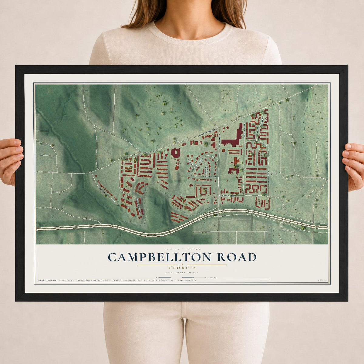 Campbellton Road, Georgia map print, 18" x 24" W/ Black Ayous Wood Frame mockup