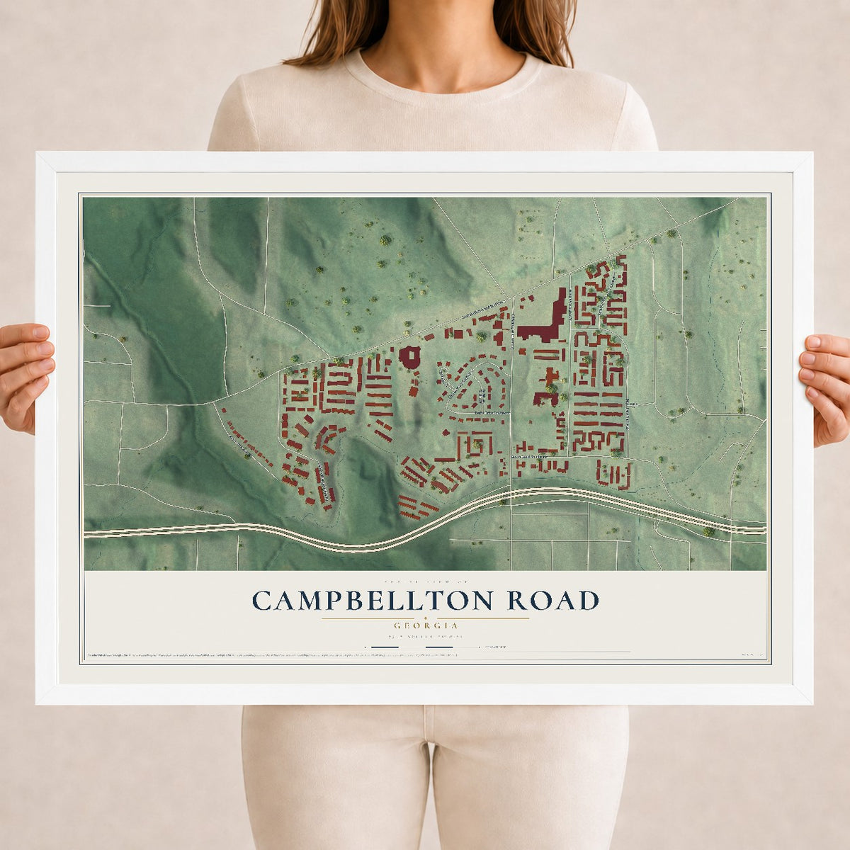 Campbellton Road, Georgia map print, 18" x 24" W/ White Ayous Wood Frame mockup