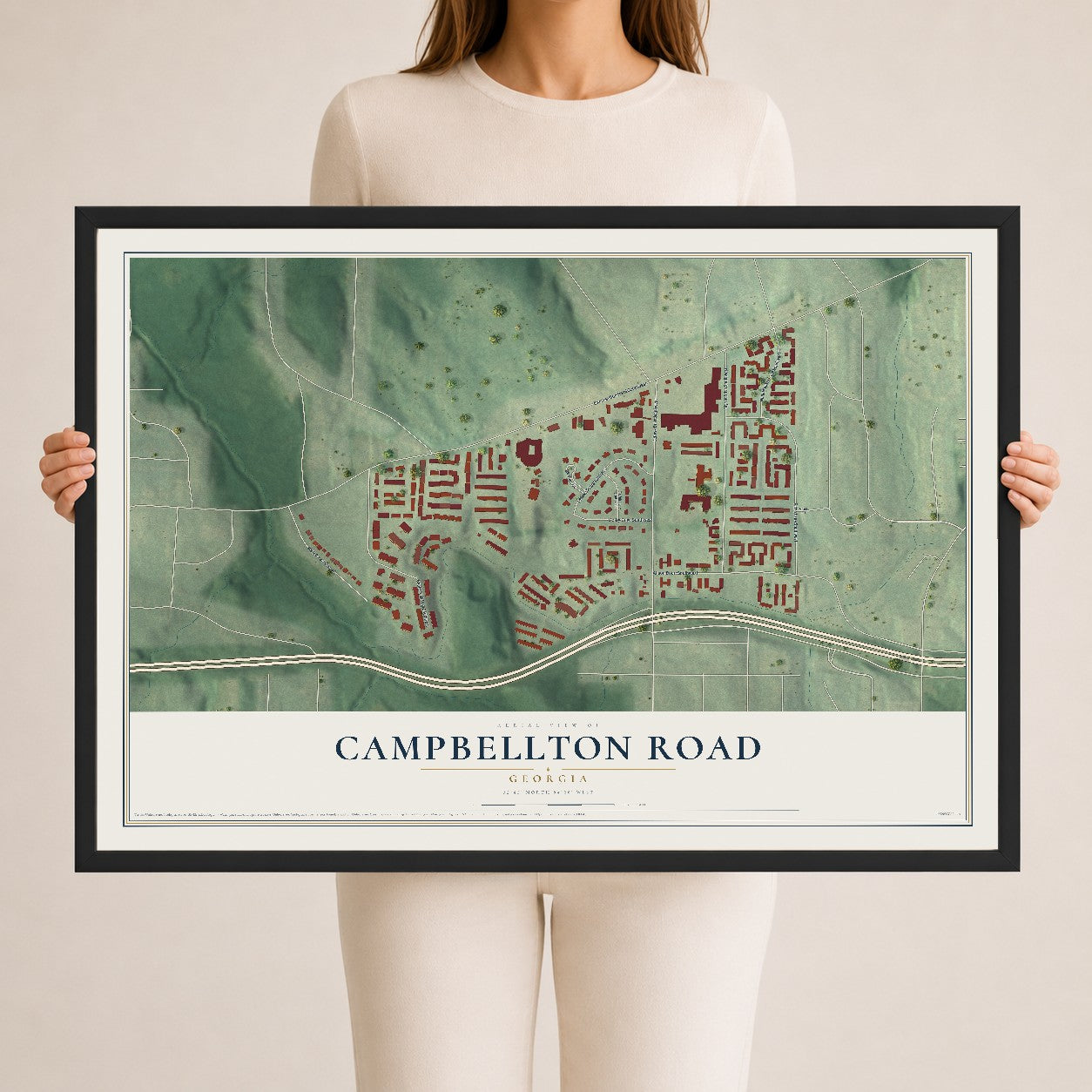Campbellton Road, Georgia map print, 24" x 36" W/ Black Ayous Wood Frame mockup