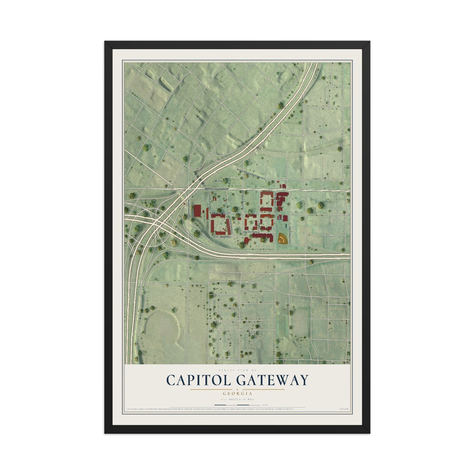 Capitol Gateway, Georgia map print, 12" x 18" W/ Black Ayous Wood Frame mockup
